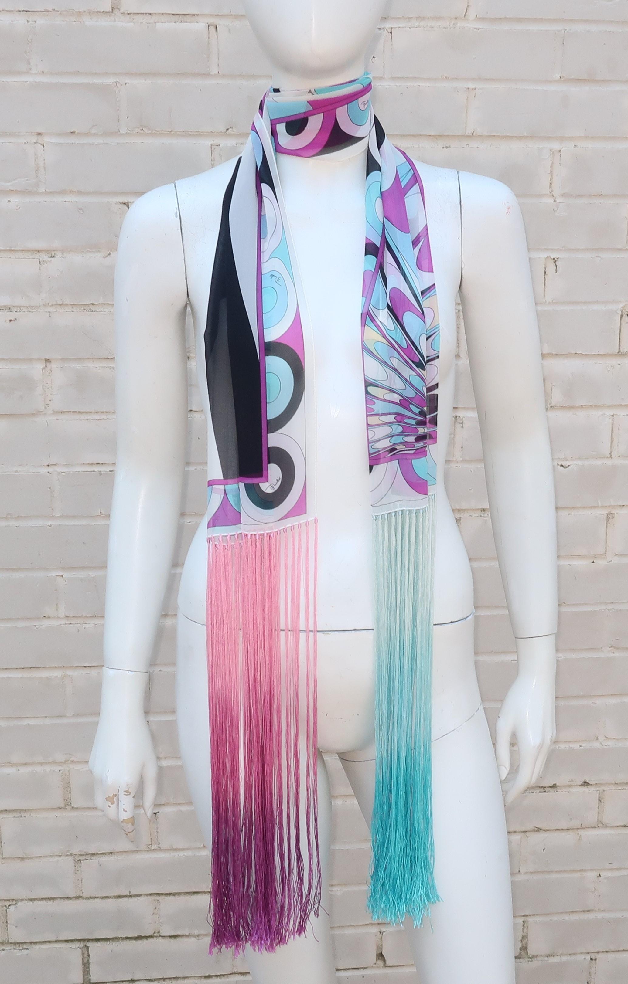Gray Pucci Psychedelic Silk Chiffon Scarf With Fringe