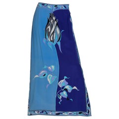 Used Pucci Purple Blue Single Stem Rose Print Maxi Skit, 1960s