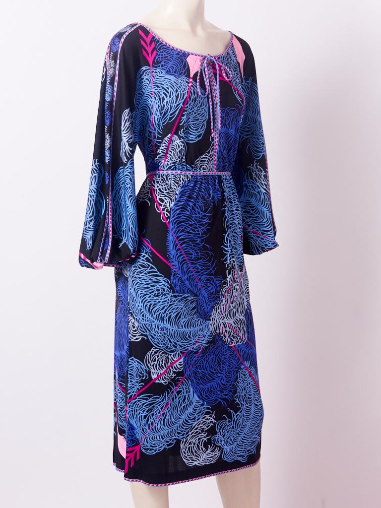 Emilio Pucci, silk jersey,  raglan sleeve, scoop neck with tie, dress, having a blue, purple and magenta, 