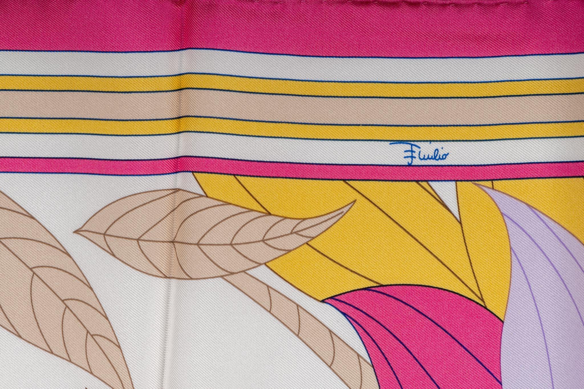 Pucci silk twill hot pink leaves print scarf. Hand rolled edges. Does not include box.