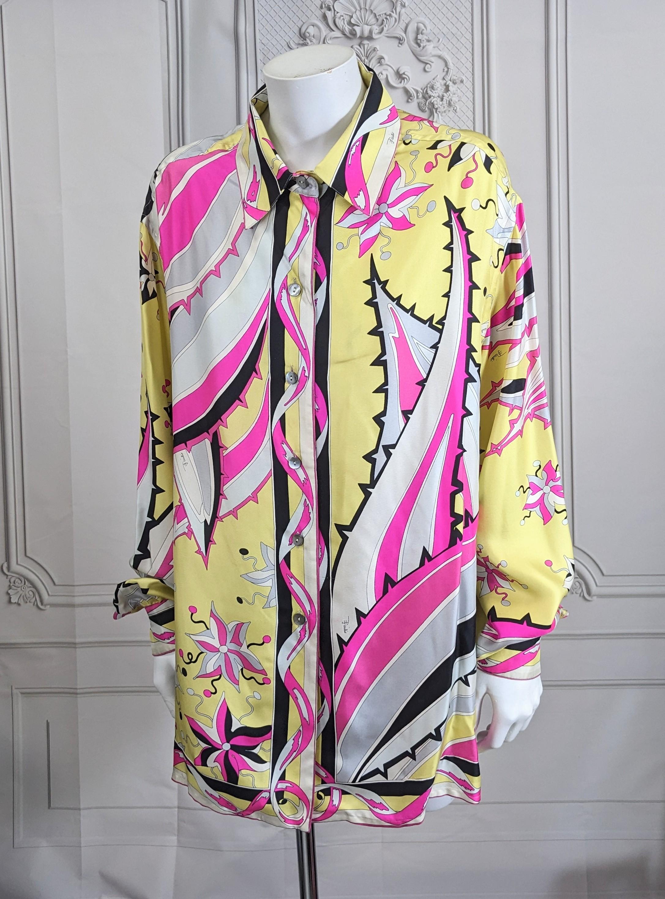 Oversized Pucci Silk Twill Print Shirt in super colored pop patterns suitable for men or women.  1990's Italy.  Size 40
Pls contact x exact measurements.