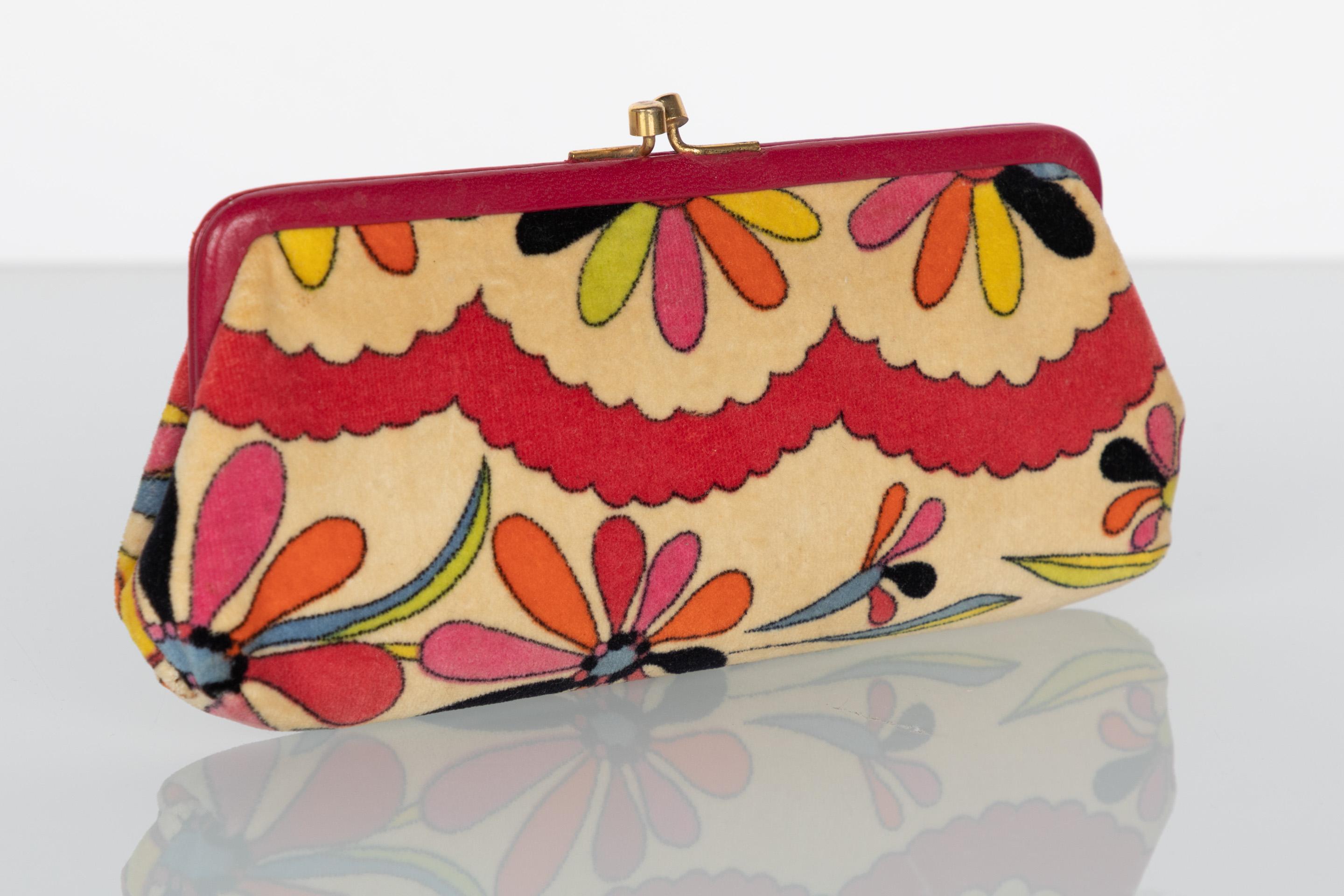 Red Pucci Velvet Floral Leather Trim Clutch, 1960s