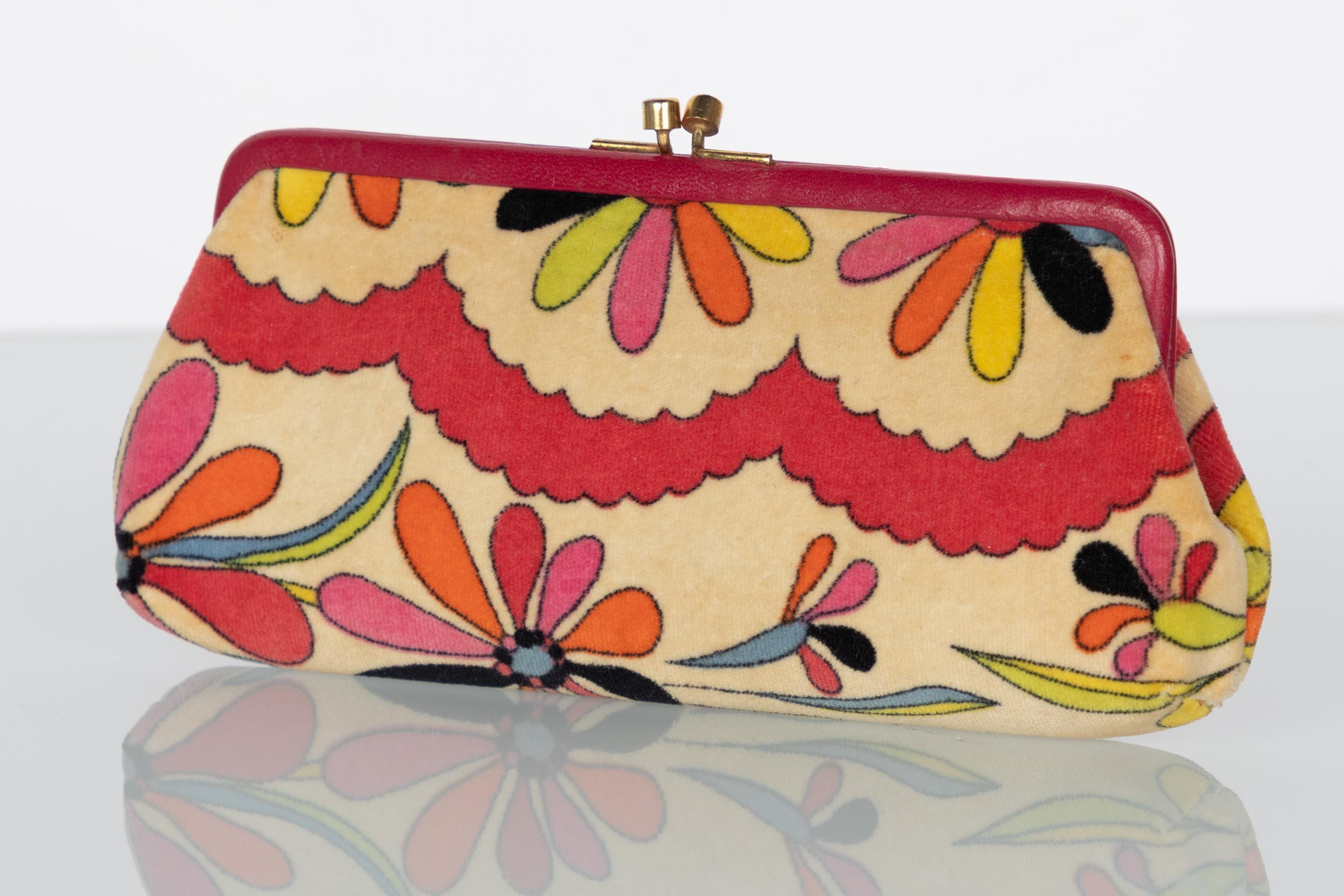 Pucci Velvet Floral Leather Trim Clutch, 1960s In Good Condition In Boca Raton, FL