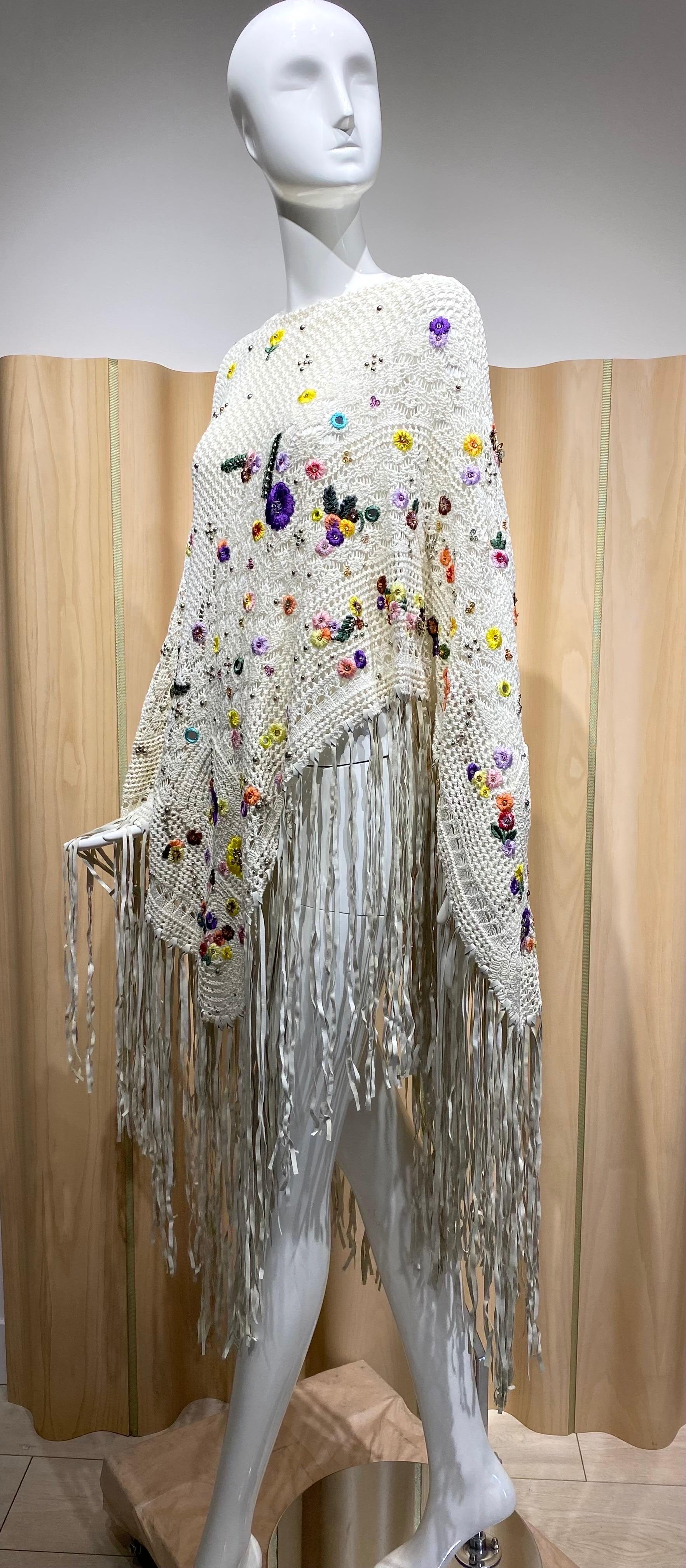 PUCCI White crochet fringe shawl poncho embroidered with Yellow, Purple, Orange flowers thread and small metal beads. Fit size small to XL
