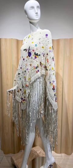 Pucci White  Embroidered Crochet Fringe Shawl or Poncho