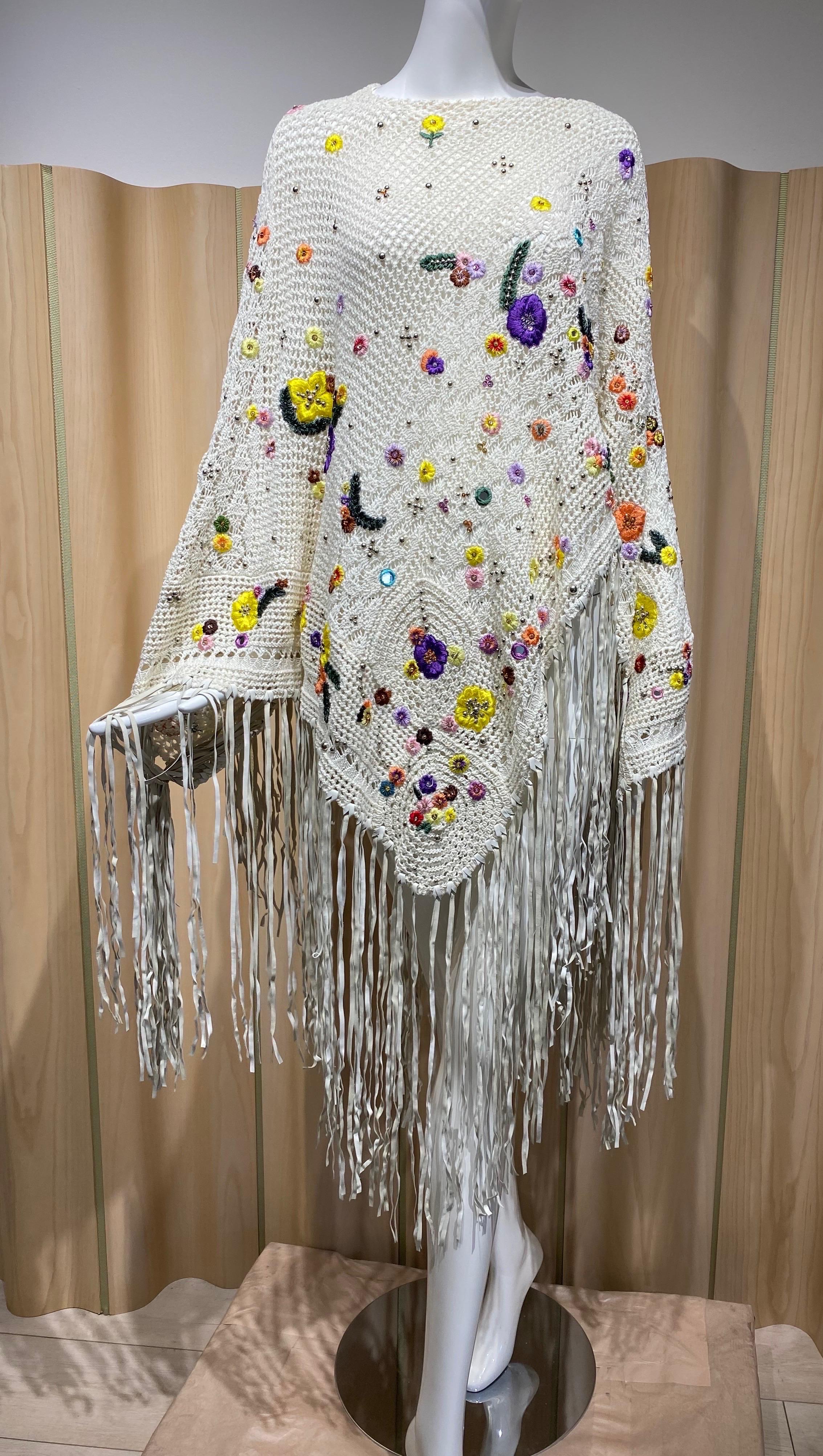 Women's Pucci White  Embroidered Crochet Fringe Shawl or Poncho