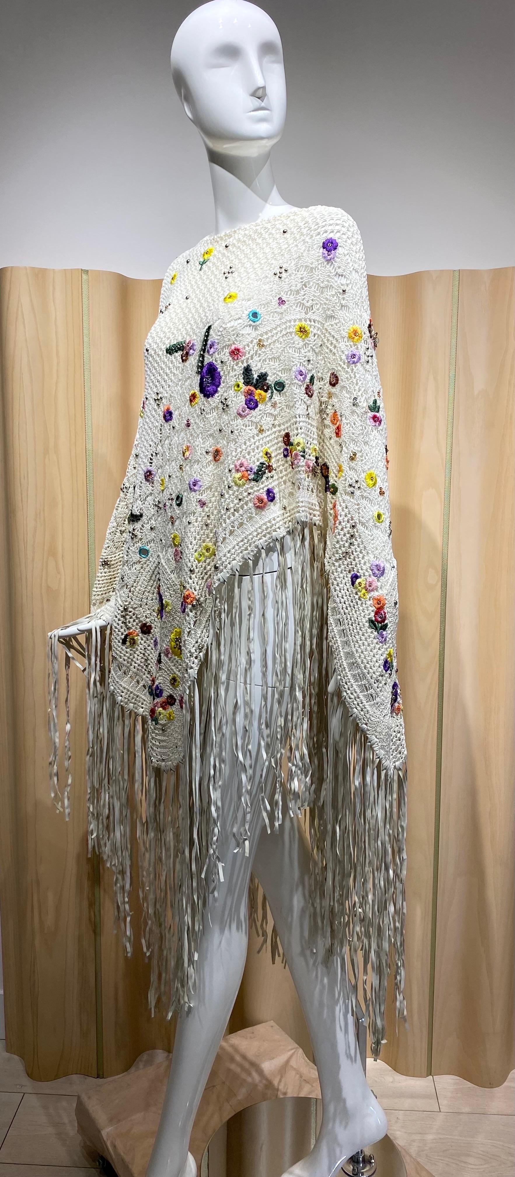 Pucci White  Embroidered Crochet Fringe Shawl or Poncho 1