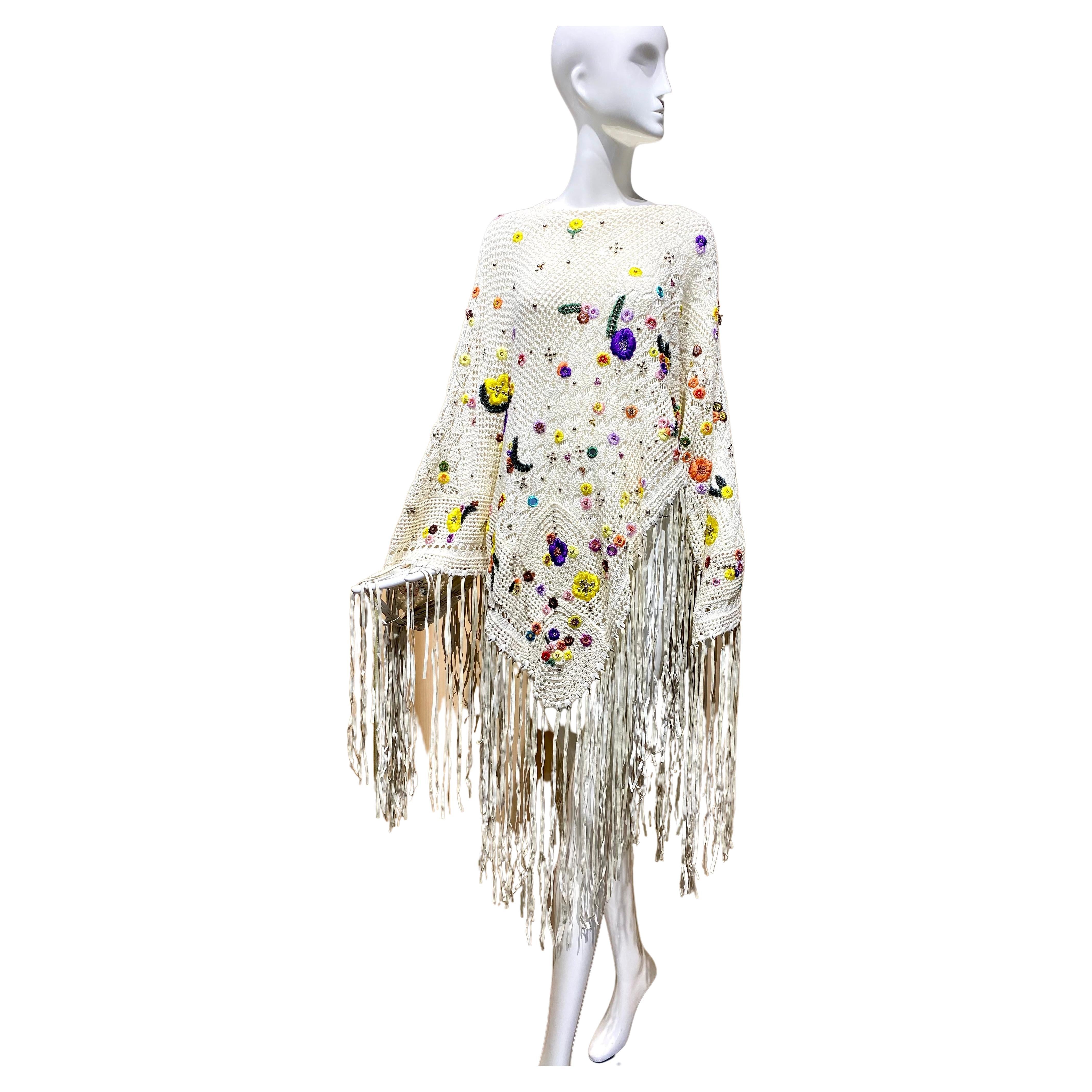 Pucci White  Embroidered Crochet Fringe Shawl or Poncho