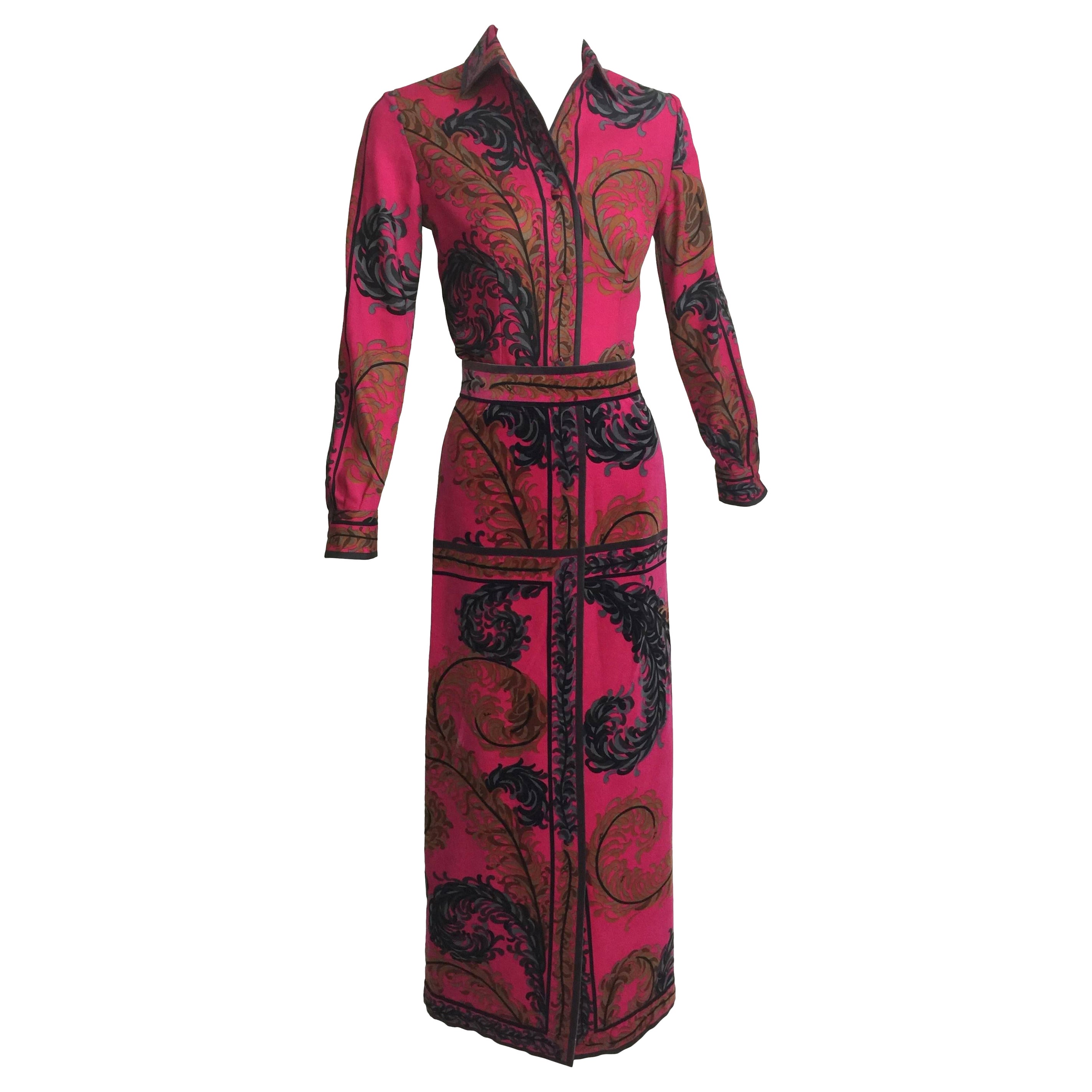 Pucci Set aus bedruckter Wolle, Bluse und Maxi-Samtrock, selten, 1970er Jahre