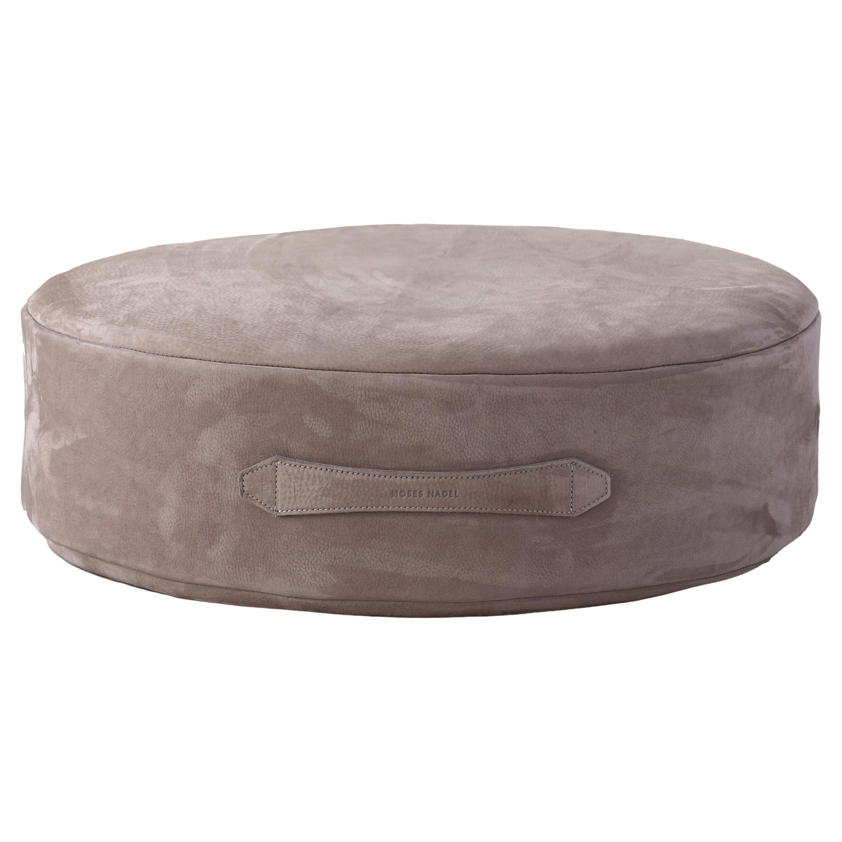 20"Ø x 5" Puck Floor Cushion in Storm Nubuck Leather by Moses Nadel For Sale