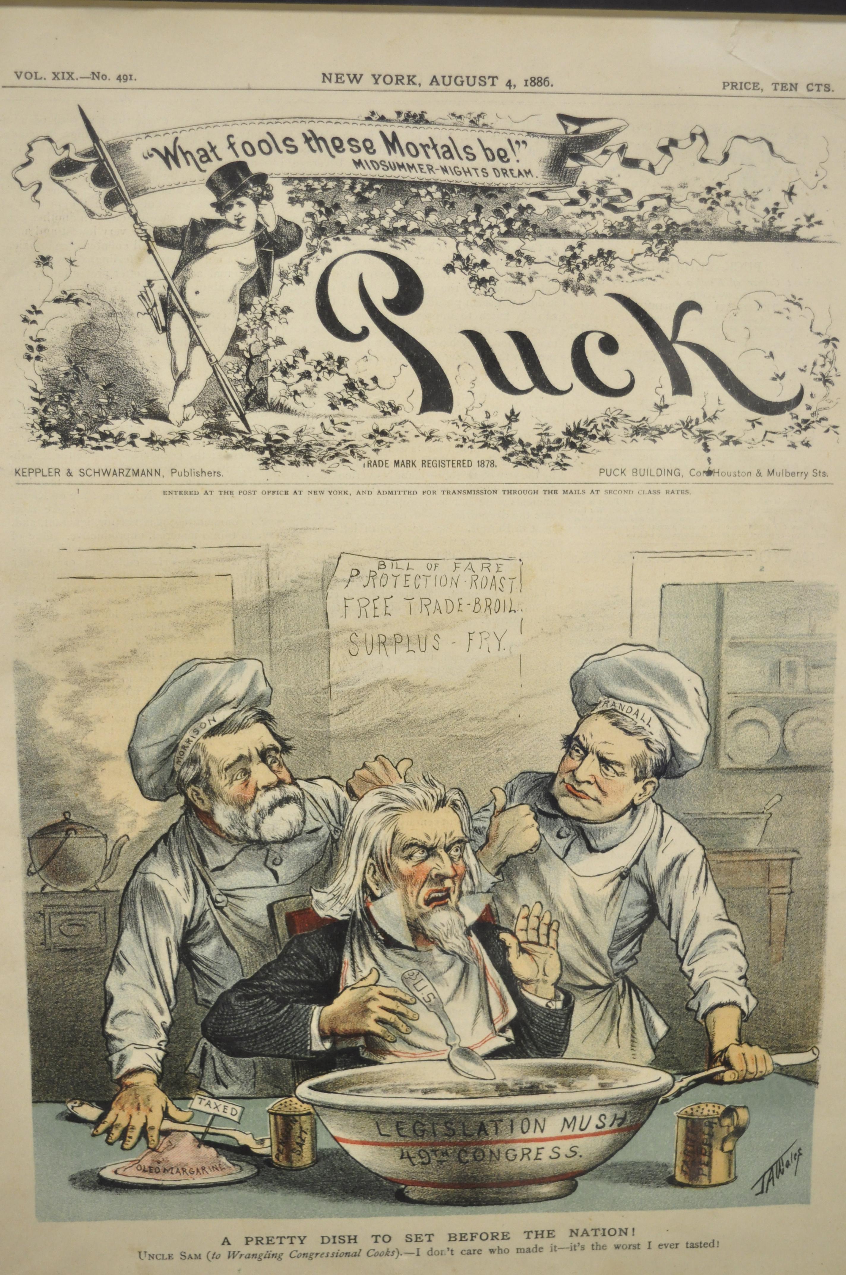 Puck magazine political illustration cartoon lithograph framed art - Set of 7. Item features burl wood custom frames, original lithographs from 1886, very nice antique set, circa late 19th century. Measurements: Frame: 21.5
