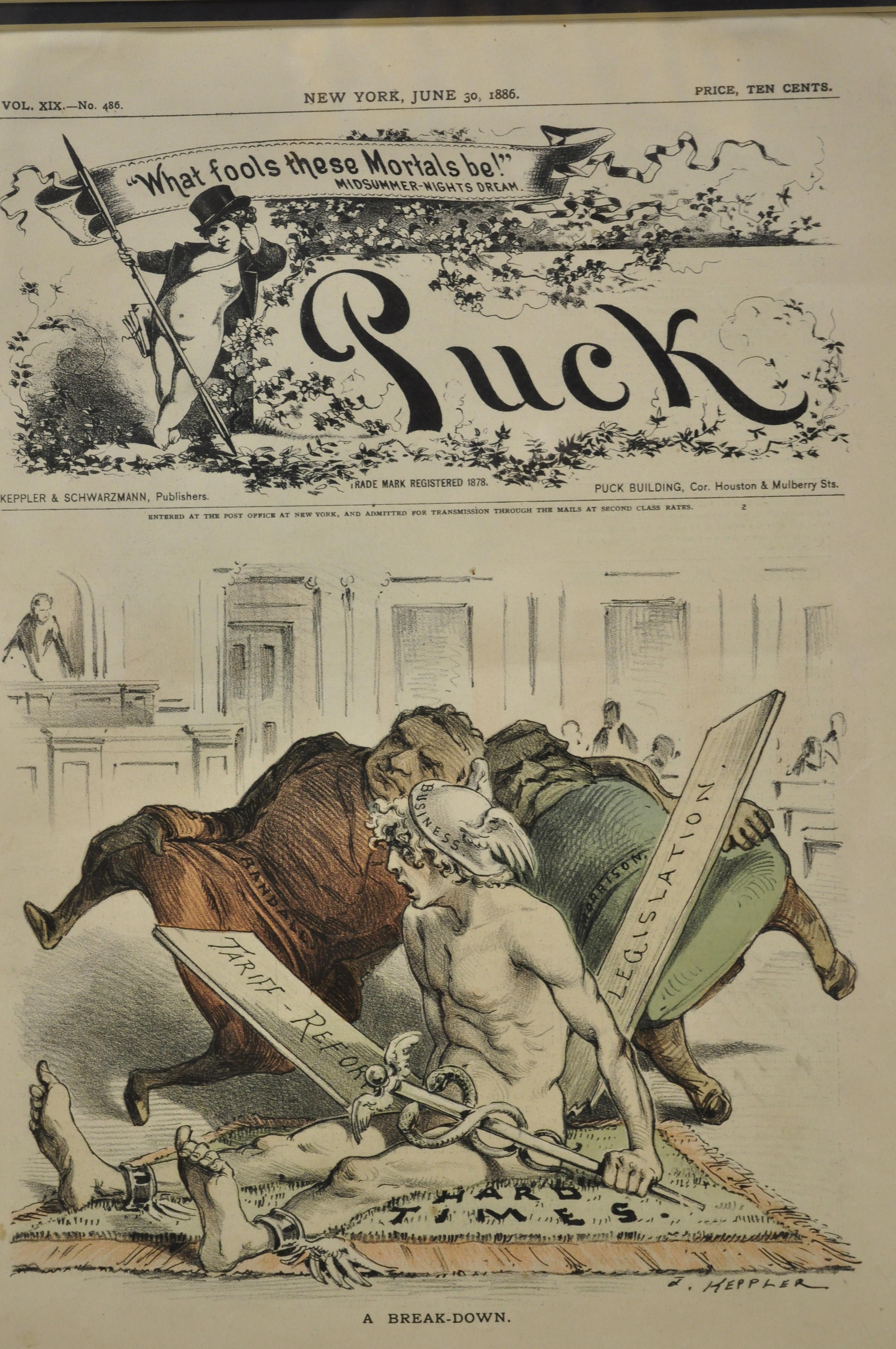 Puck Magazin Politische Illustration Cartoon Lithographie gerahmte Kunst, 7er-Set im Zustand „Gut“ im Angebot in Philadelphia, PA