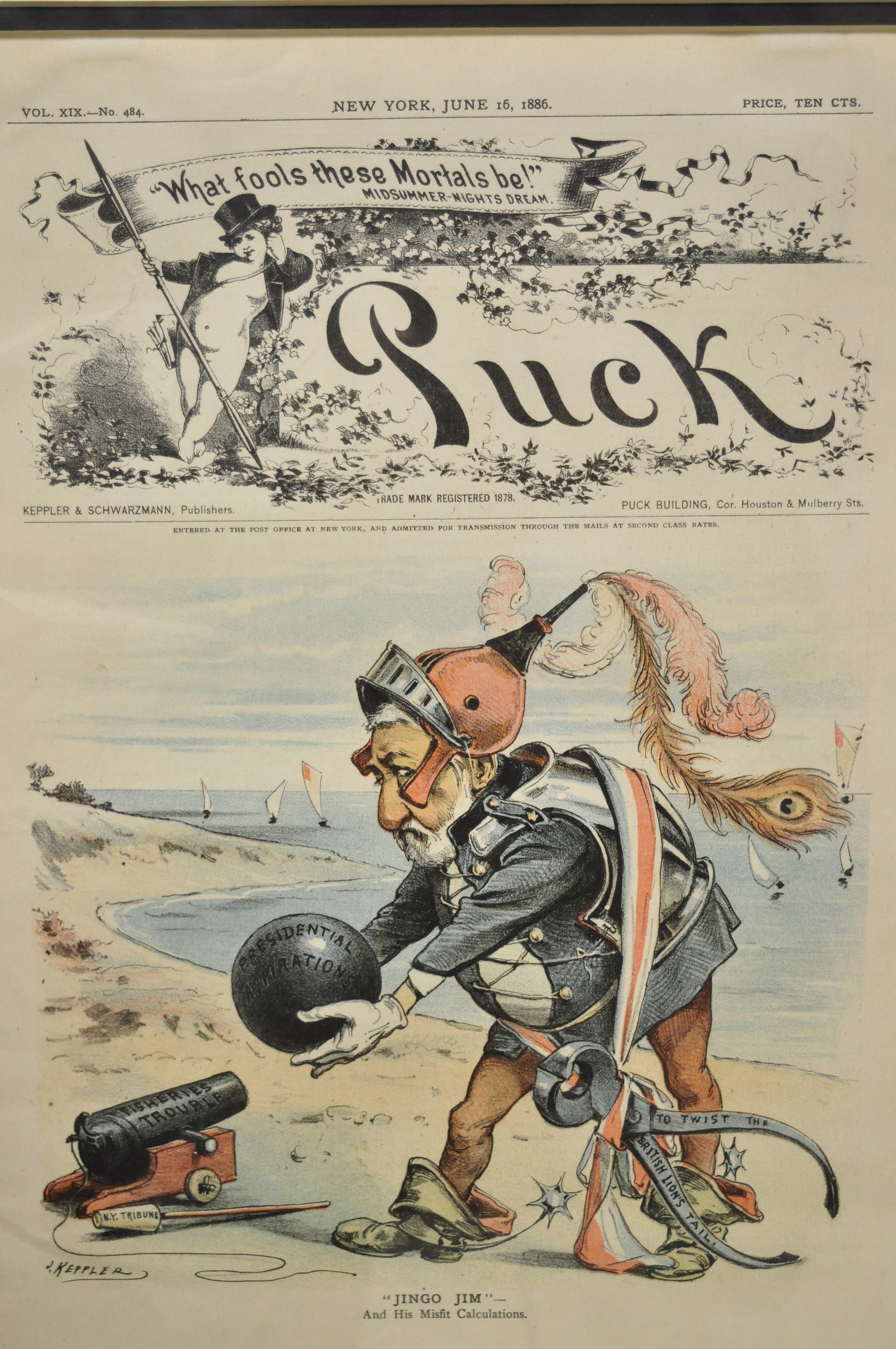 Puck Magazin Politische Illustration Cartoon Lithographie gerahmte Kunst, 7er-Set (19. Jahrhundert) im Angebot