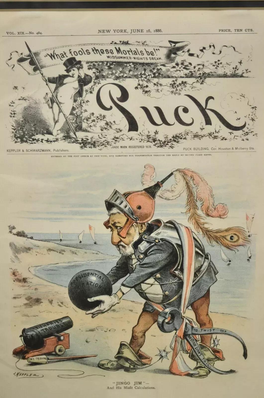 Puck Magazine Politische Illustration Cartoon Lithographie gerahmte Kunst - 7er-Set, gerahmte Kunst (19. Jahrhundert) im Angebot