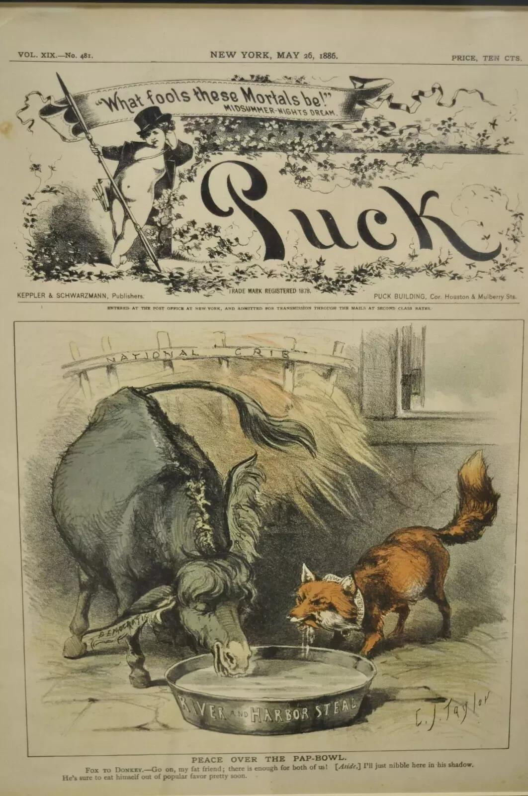 Puck Magazine Politische Illustration Cartoon Lithographie gerahmte Kunst - 7er-Set, gerahmte Kunst im Angebot 1