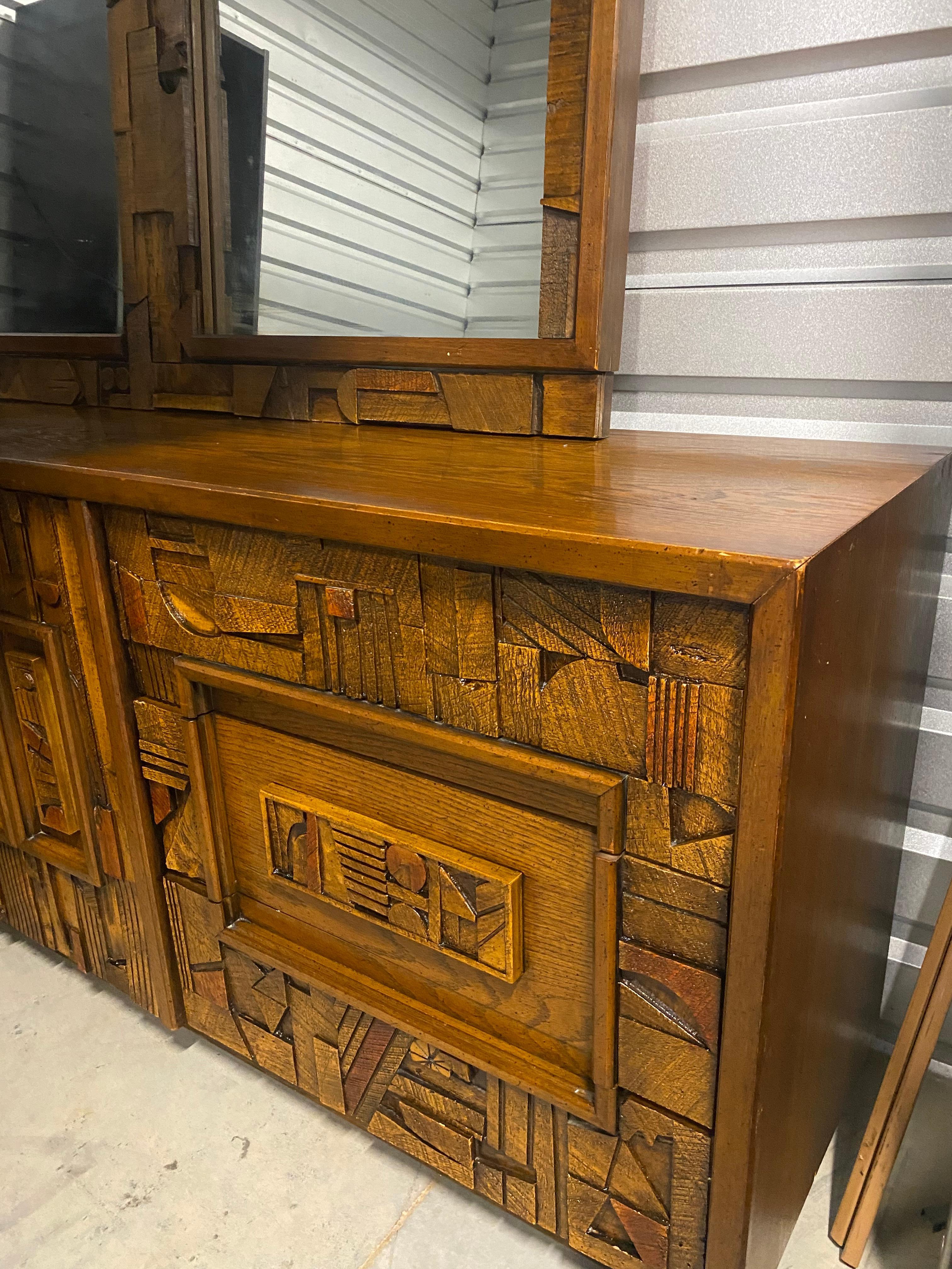 North American Pueblo Brutalist Dresser by Lane W/ Mirror Mid-Century Modern
