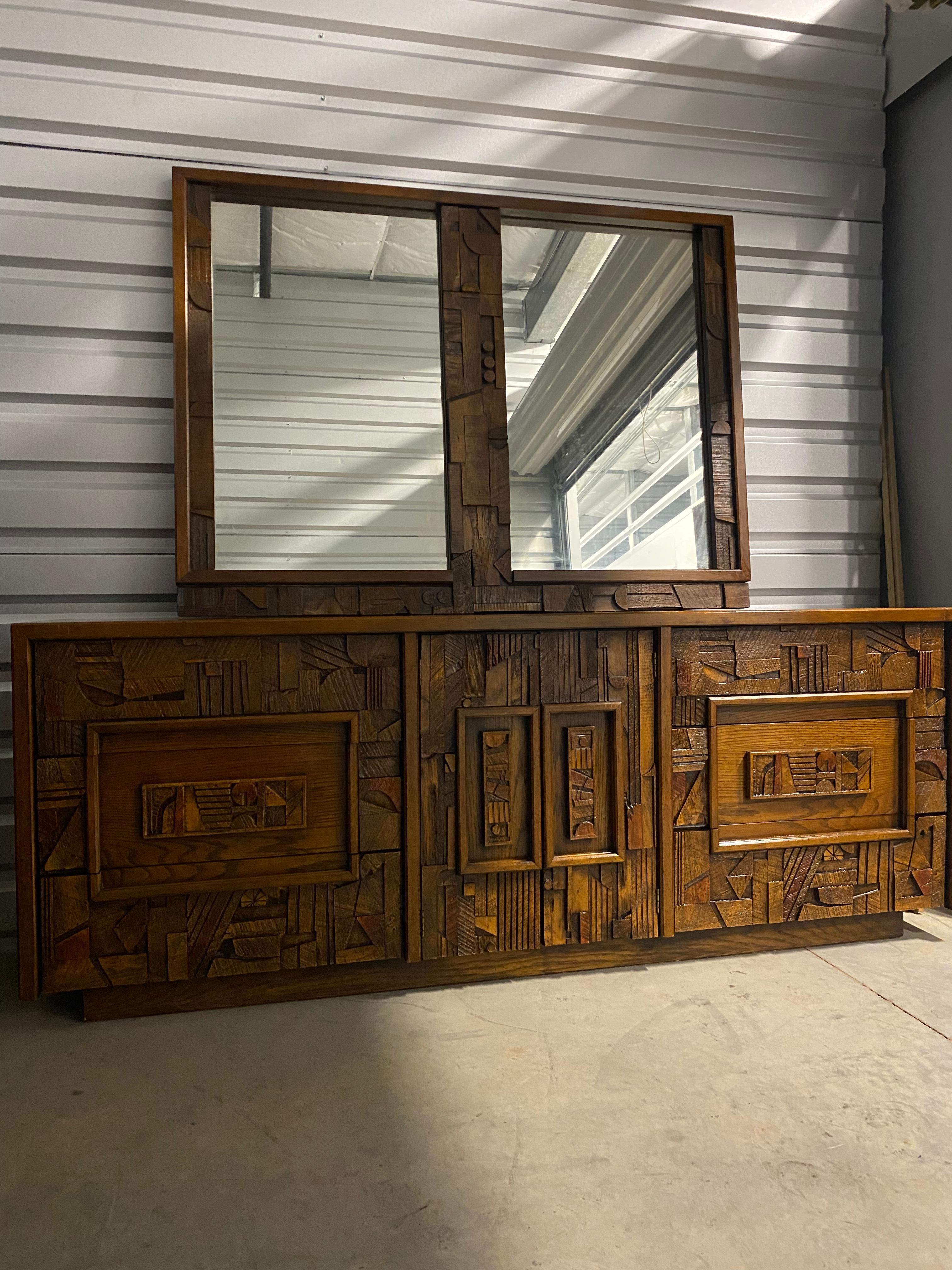 Walnut Pueblo Brutalist Dresser by Lane W/ Mirror Mid-Century Modern