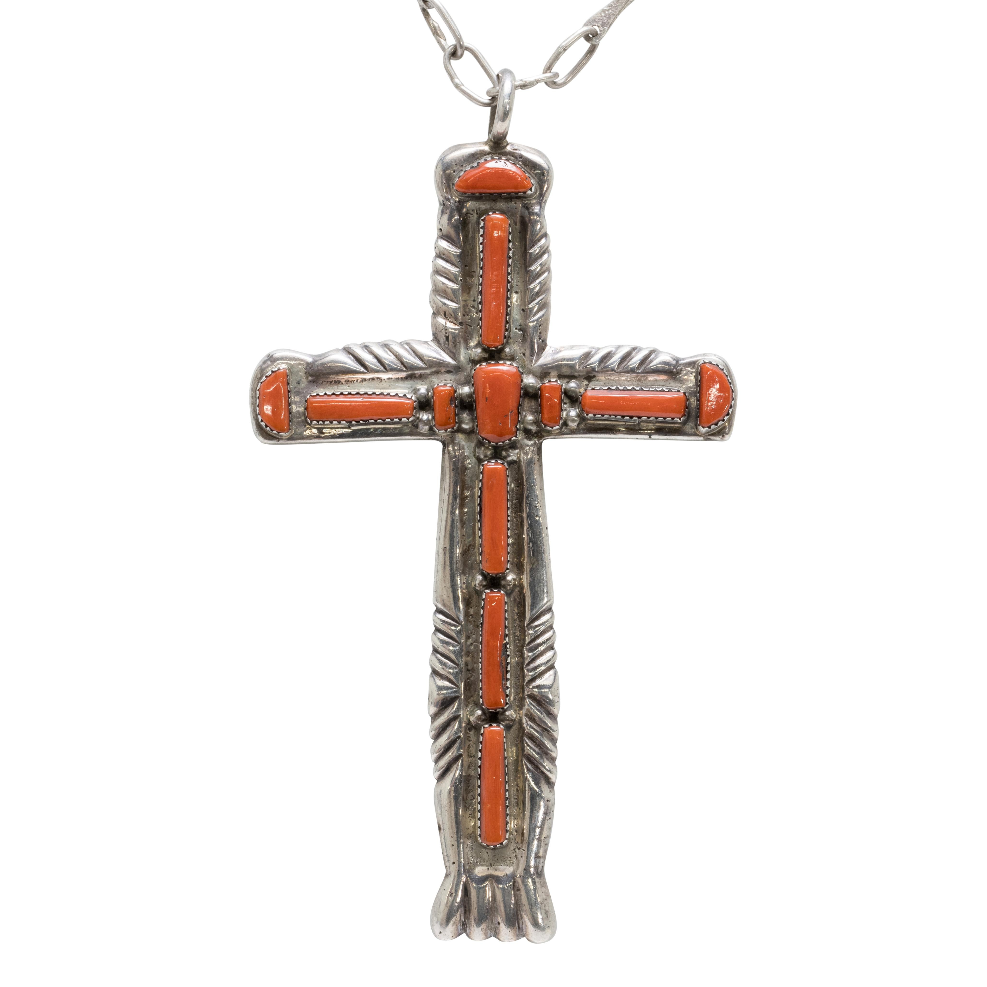 Pueblo Koralle und Sterling Kreuz Halskette für Damen oder Herren im Angebot