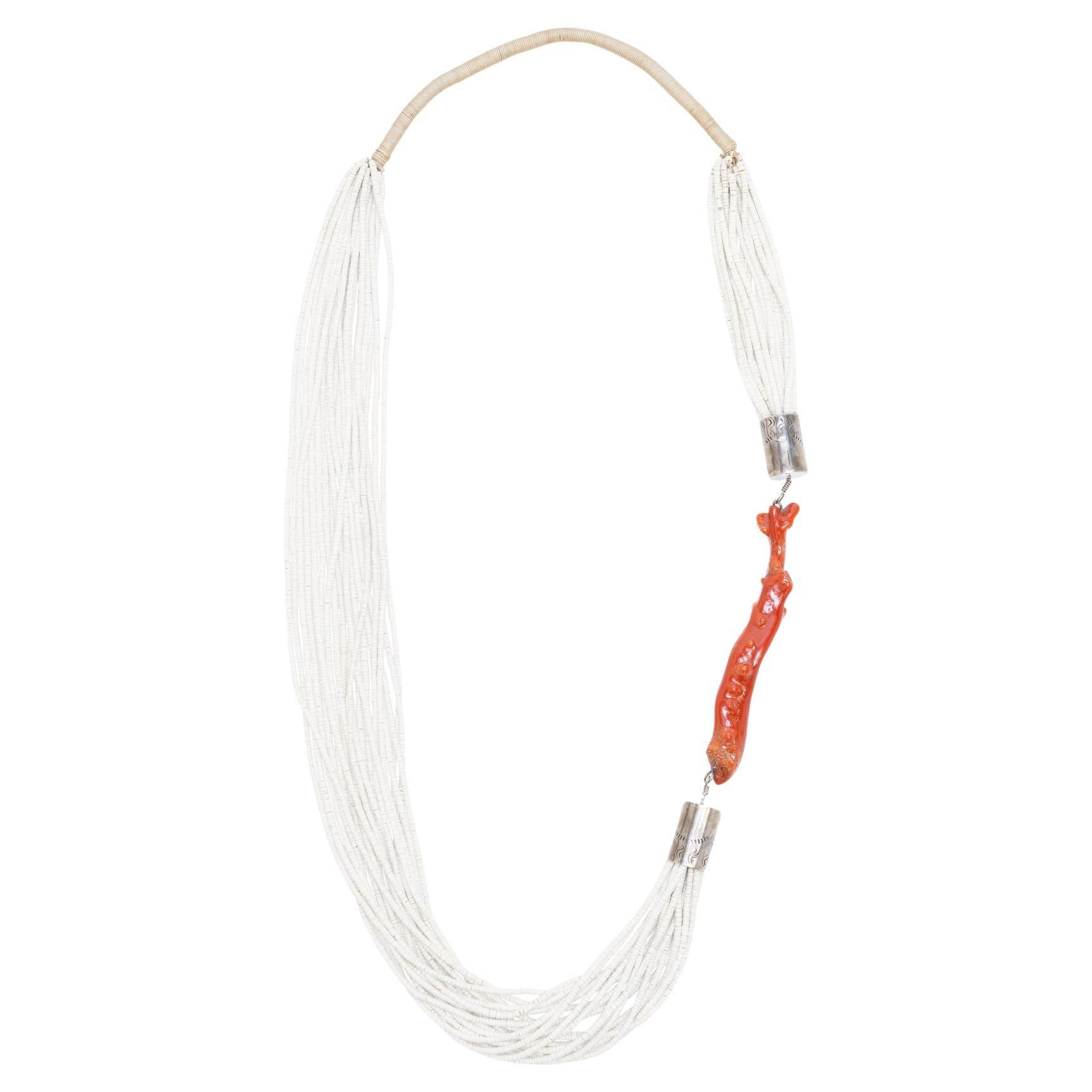 Pueblo Heishi Beaded Necklace with Red Coral For Sale