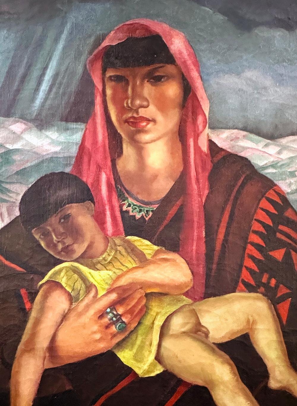 One of the most vividly painted and striking portraits of Native Americans ever painted in the 1920s, this oil on canvas depiction of a mother and child -- clearly reflecting centuries of painted Madonnas in Europe -- was made by Jean Hanau shortly