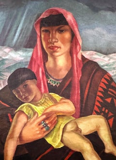 "Pueblo Mother & Child w/ Rainstorm", Brilliant Art Deco Painting by Hanau