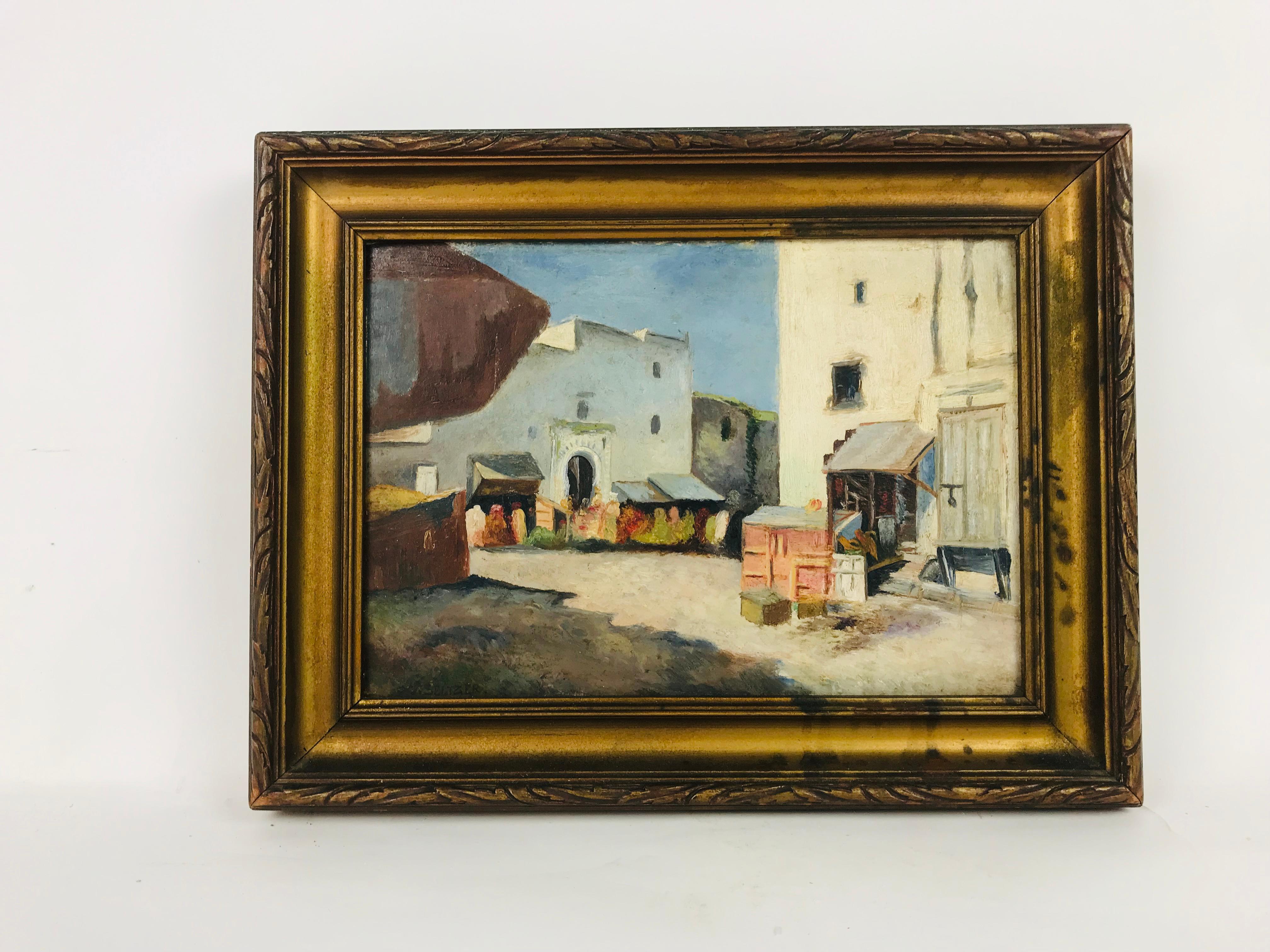A wonderful summer day in this Pueblo Town, perfectly captured in this oil on board by listed artist, Olaf Carl Seltzer (1877-1957). A delightful day that never turns to night, never sees rain, just a flawless day that last forever. The artist has