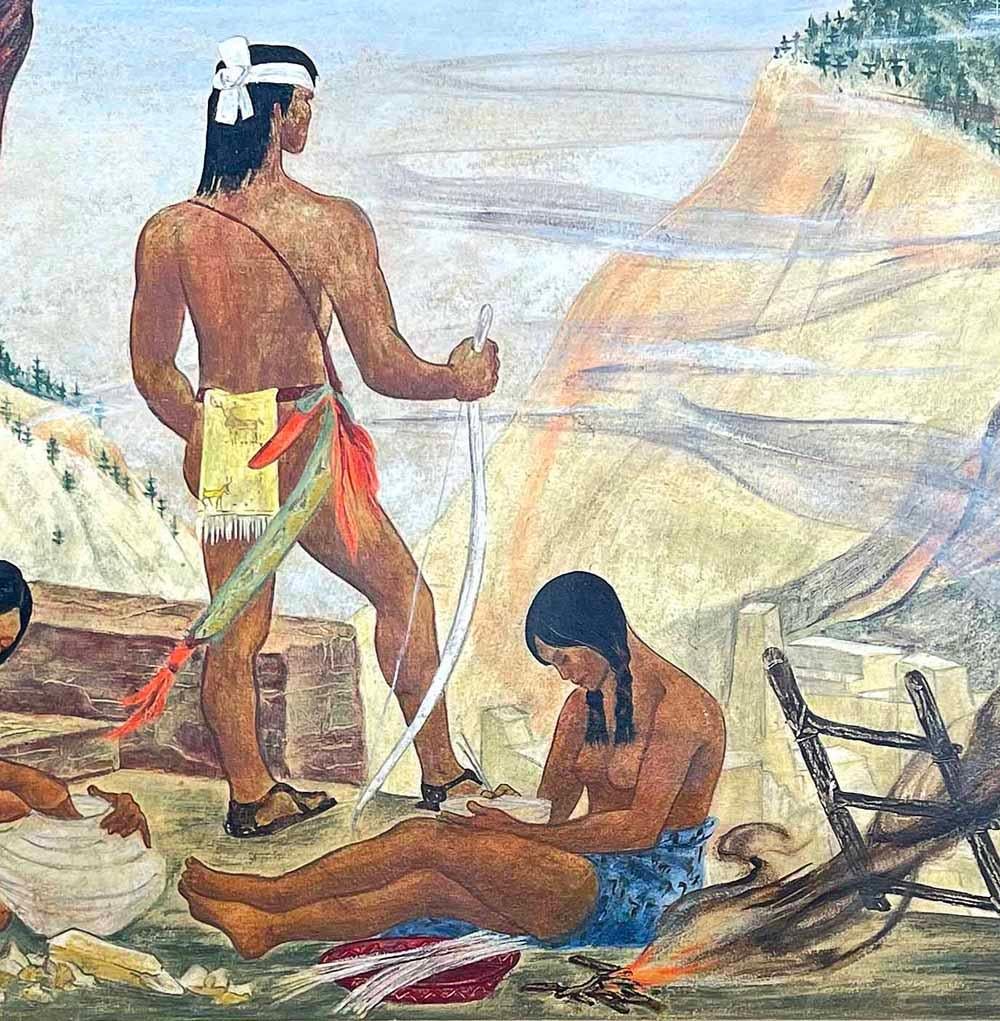 This classic example of WPA-period mural painting, executed by Verona Burkhardt for the Immigration and Naturalization Center in Los Angeles, depicts five Pueblo Indians in the foreground and a magnificent landscape of canyons and Pueblo dwellings