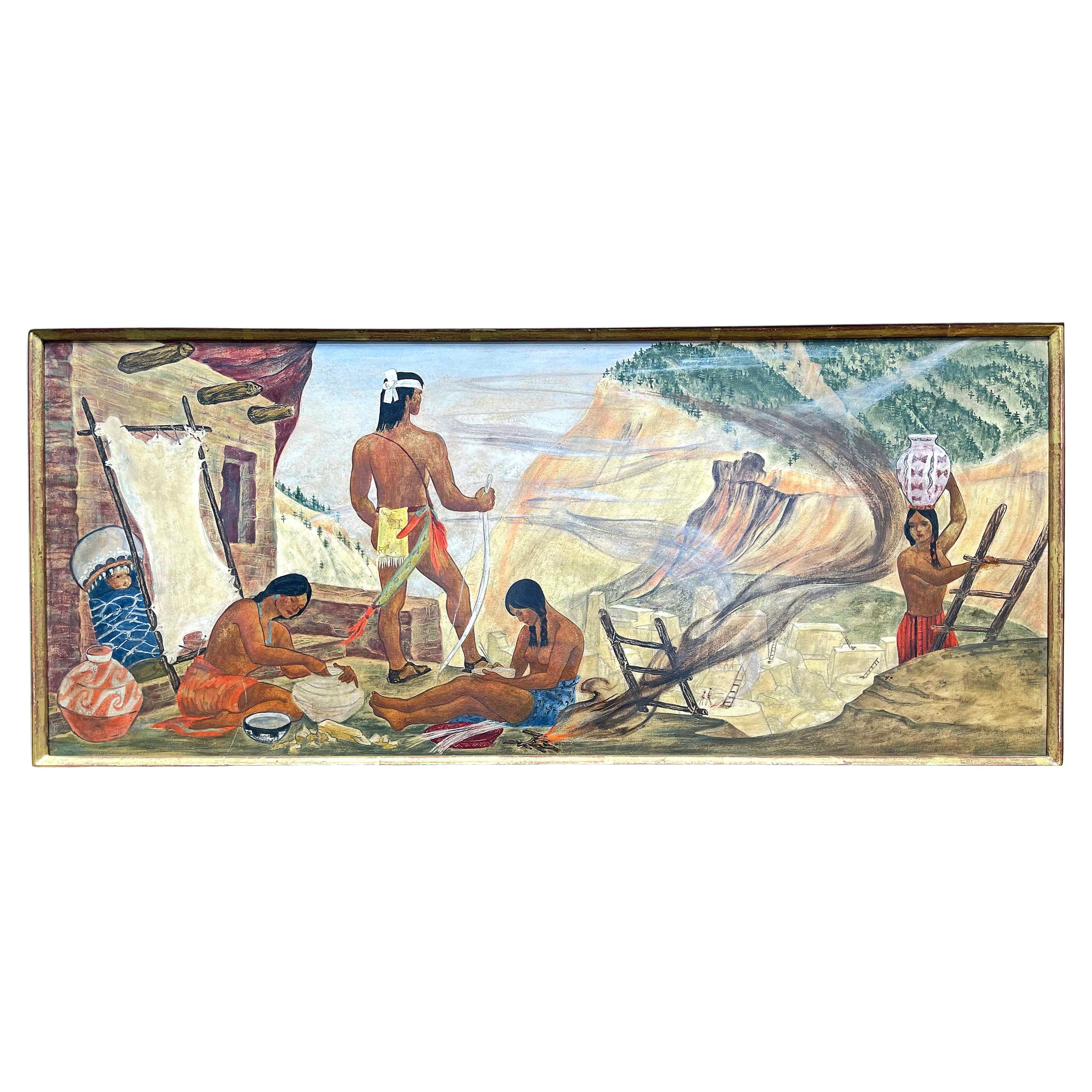 "Pueblos", Classic WPA-Era Mural Study with Native Americans for Los Angeles, CA For Sale