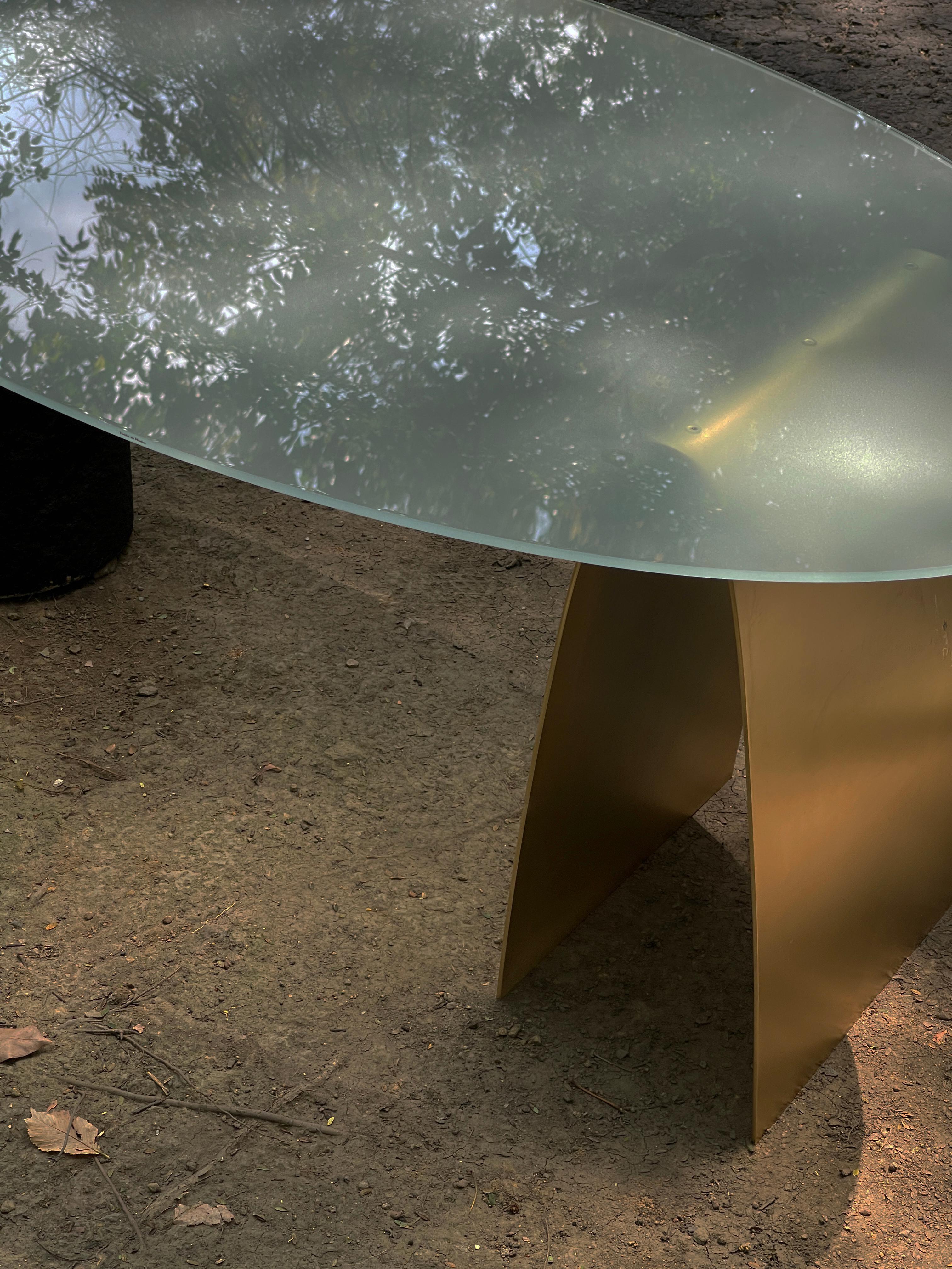 Contemporary Puente Coffee Table with Brass, Volcanic Stone and Glass For Sale
