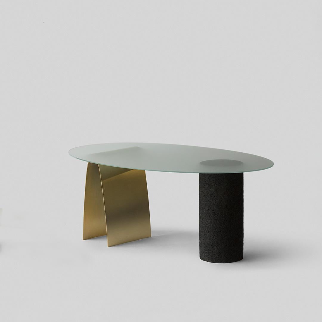 Puente Coffee Table with Brass, Volcanic Stone and Glass For Sale 1