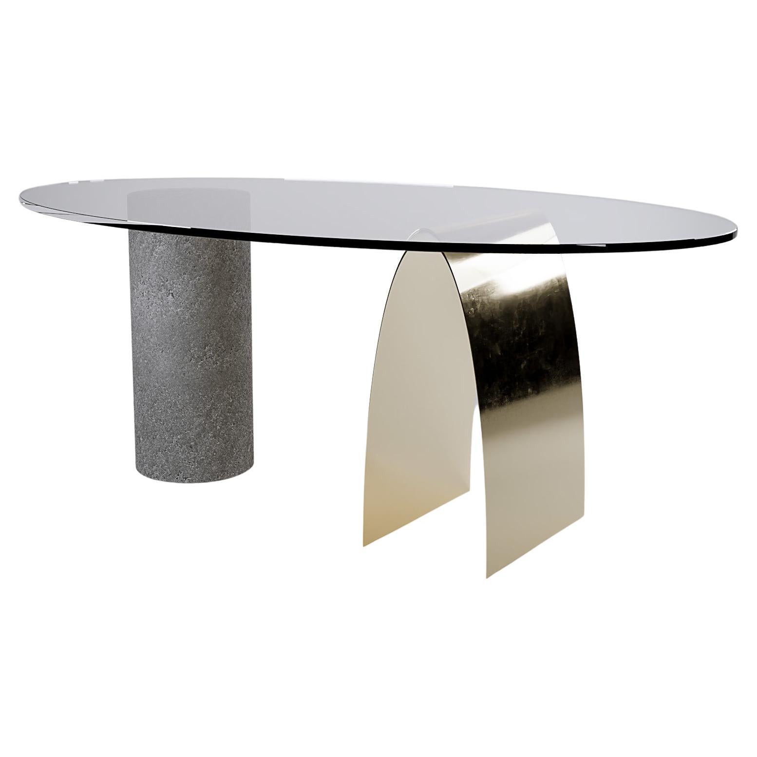 Puente Coffee Table with Brass, Volcanic Stone and Glass For Sale