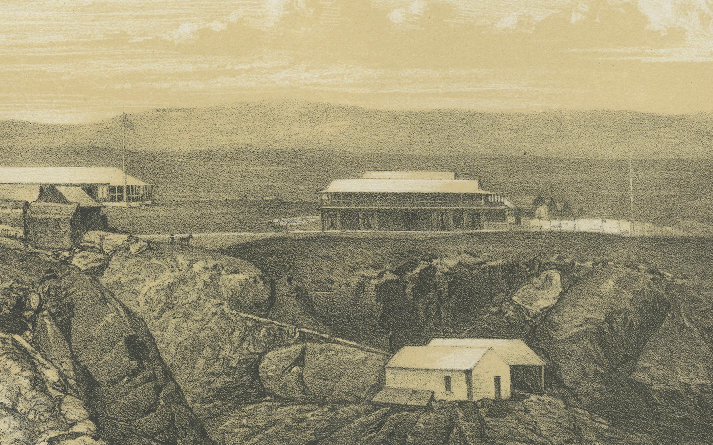 Antique lithograph view of Puerto de Islay, Peru – 1865

This original lithograph presents a striking 19th-century view of Puerto de Islay, the coastal settlement in southern Peru that served as the principal port for the city of Arequipa before the
