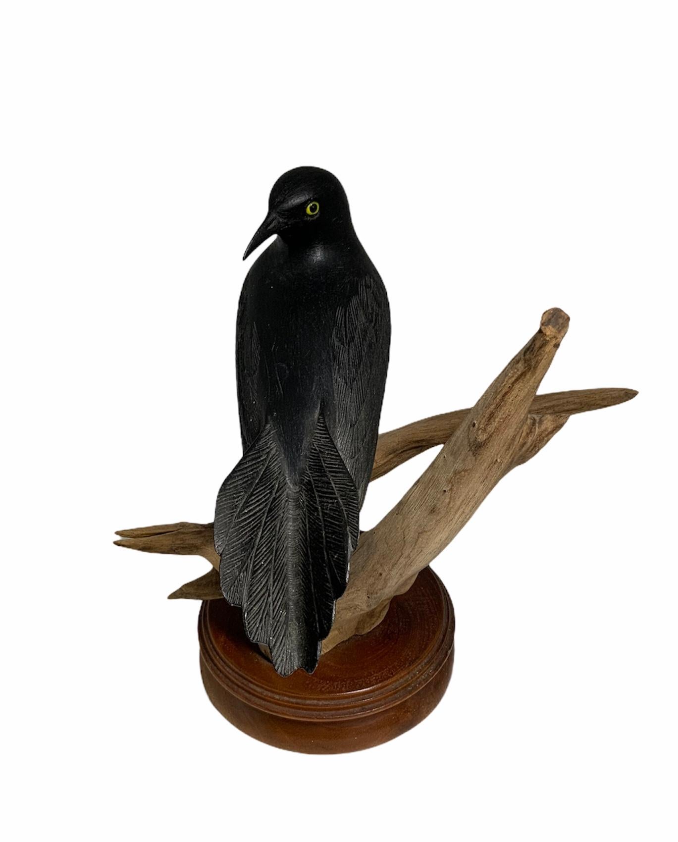 Arts and Crafts Puerto Rican Hand Carved Wood “Greater Antillean Grackel” Bird Sculpture