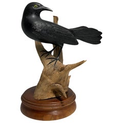 Vintage Puerto Rican Hand Carved Wood “Greater Antillean Grackel” Bird Sculpture