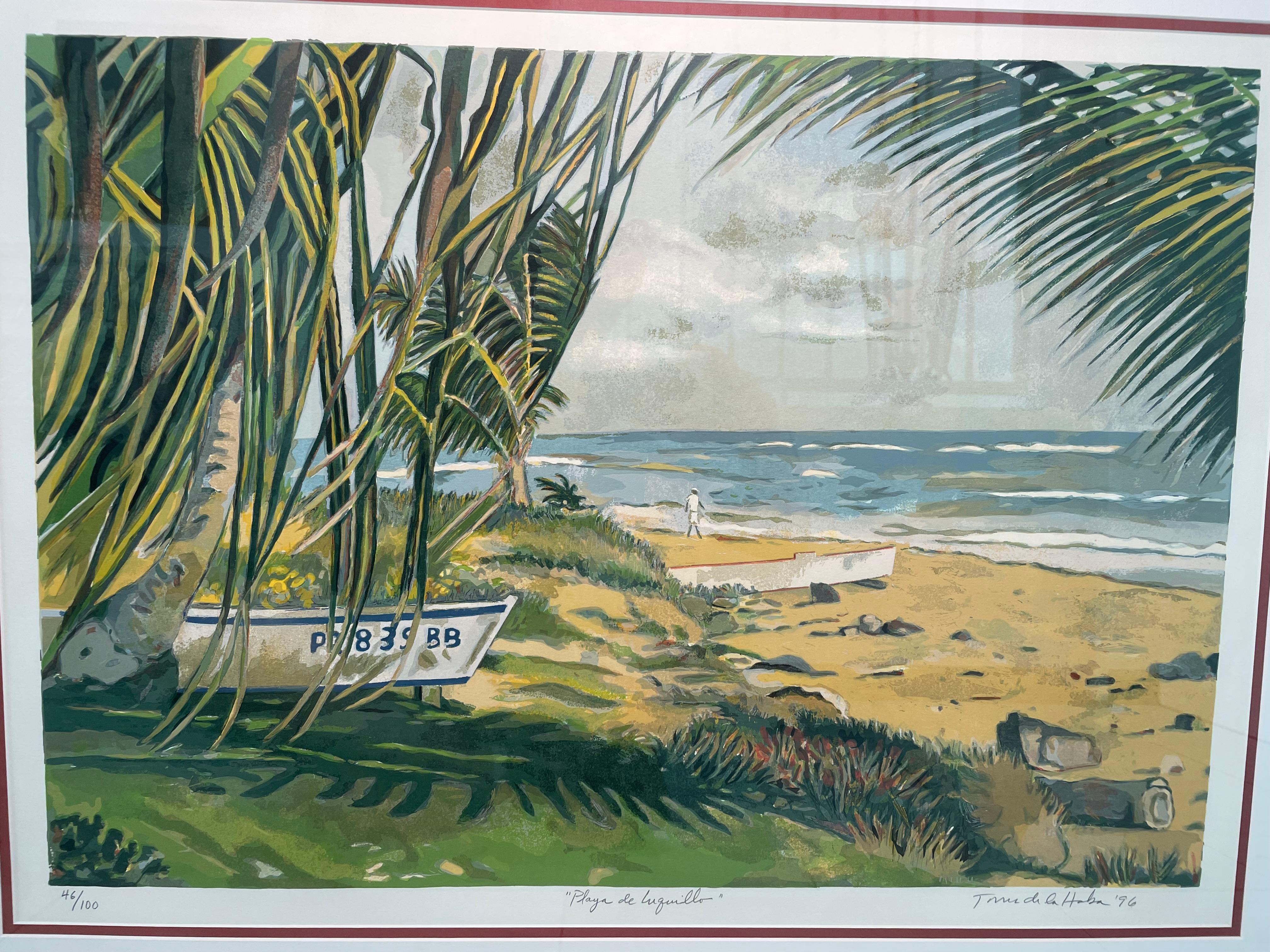 This is a Silk-Screen Print of the Luquillo Beach in Puerto Rico by Torres De la Haba. It depicts a typical scene of a sunny day in an area of the beach where there is a fishing boat hidden between some palm trees and another one over the sand and