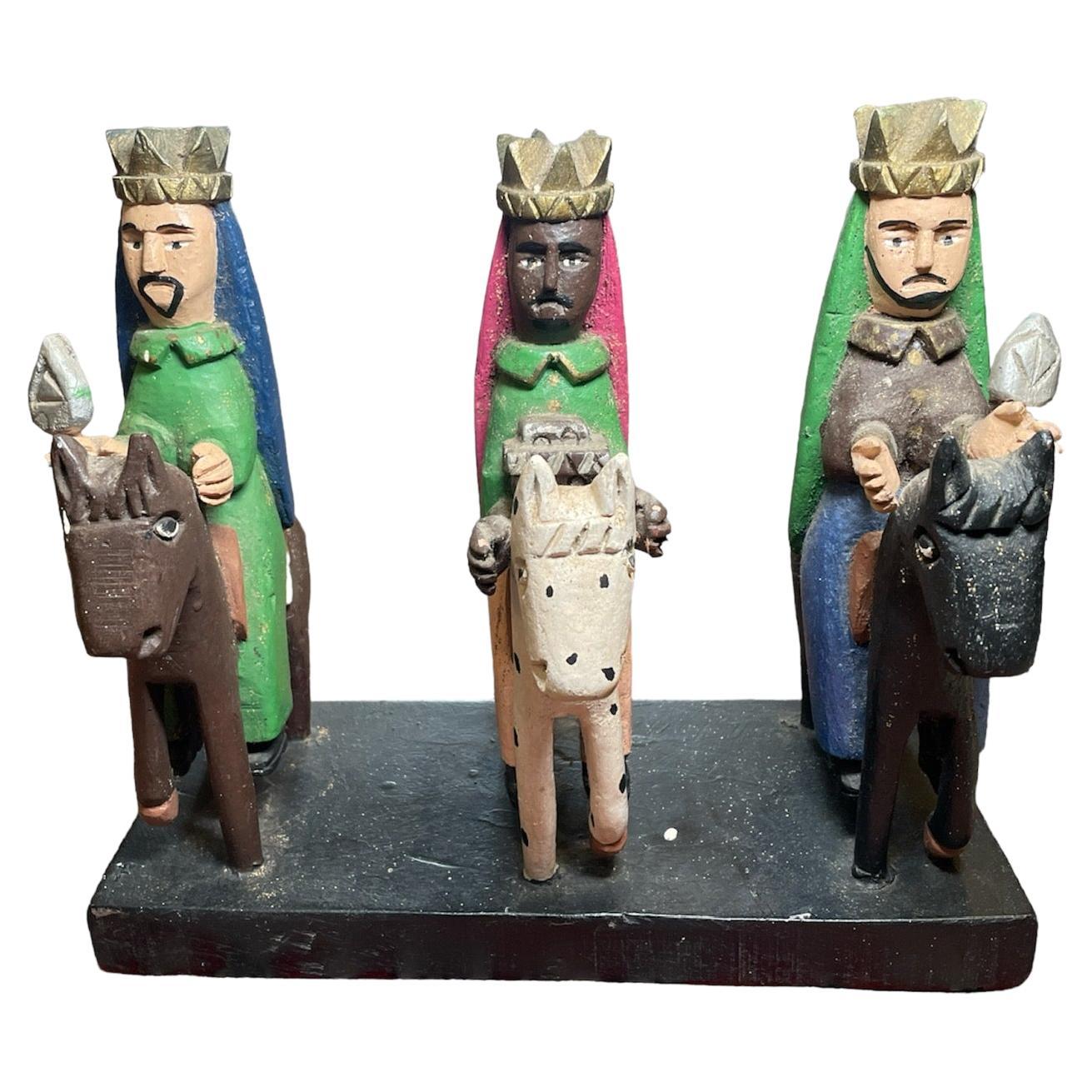 Puerto Rican Santos de Palos -Three Wise Men Wood Carved Sculptures For Sale