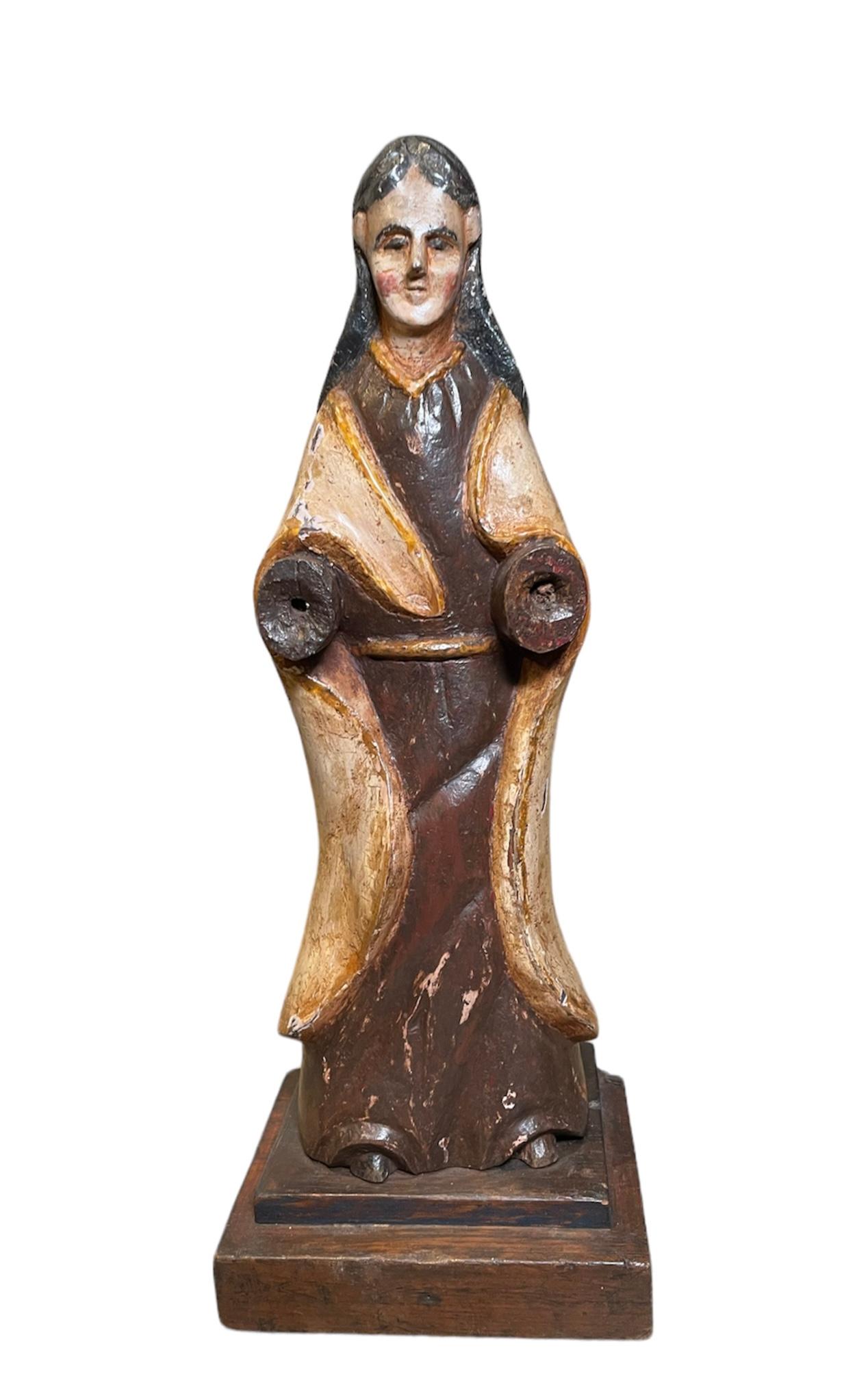 American Puerto Rican Santos De Palos/Wood Carved Sculpture of Our Lady of Mount Carmel For Sale