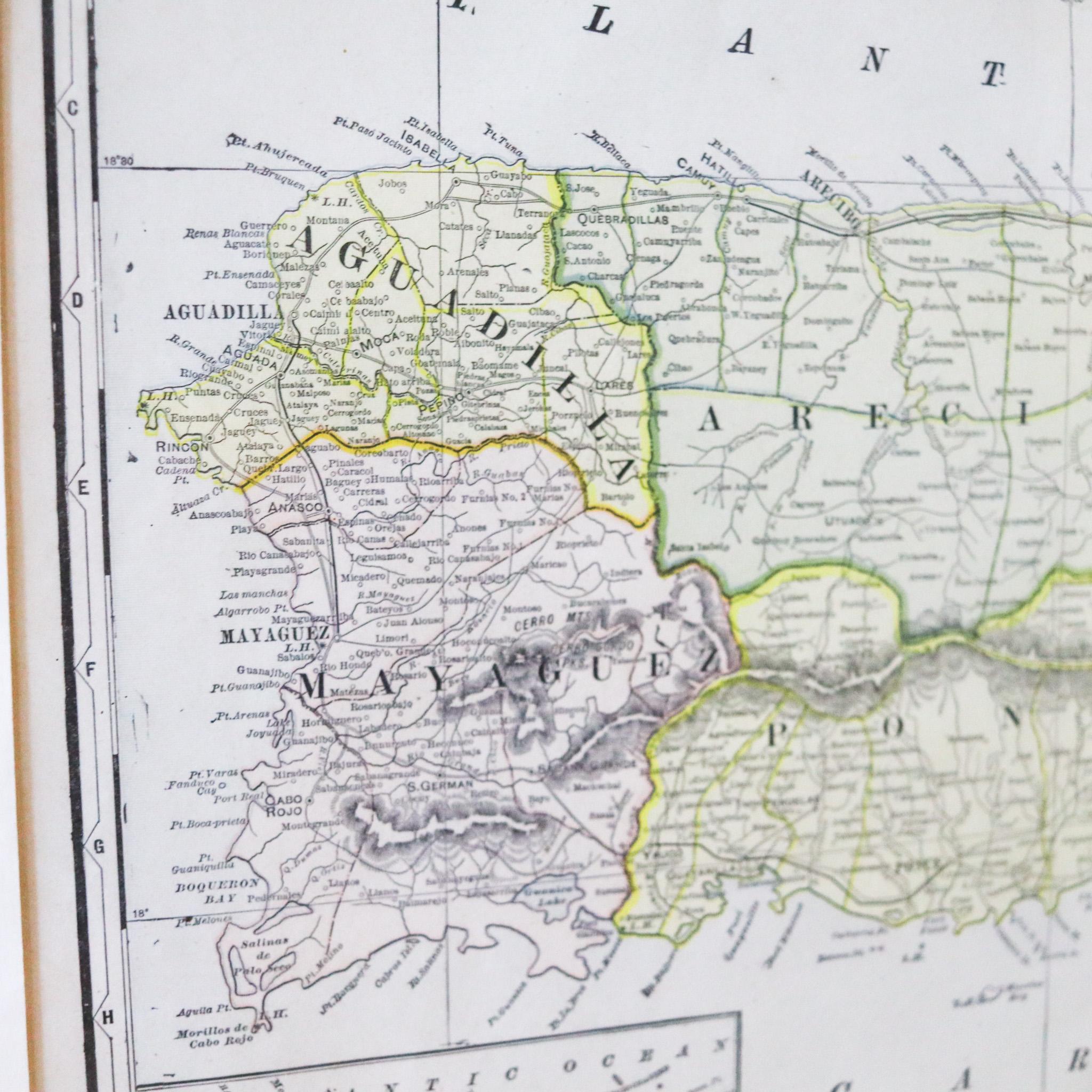 An antique framed map of Puerto Rico.

Very nice antique map of Puerto Rico printed in a folio of two pages. This map was printed in thin paper during the turn of the beginning of the 20th century, circa 1900-1910. It is presented in the same