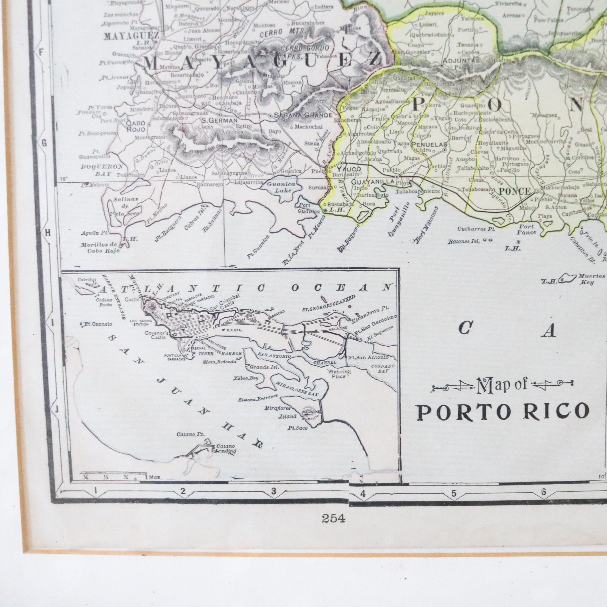 Puerto Rico 1910 Original Antique Map Of The Island In A Period Wood Frame In Good Condition For Sale In Miami, FL