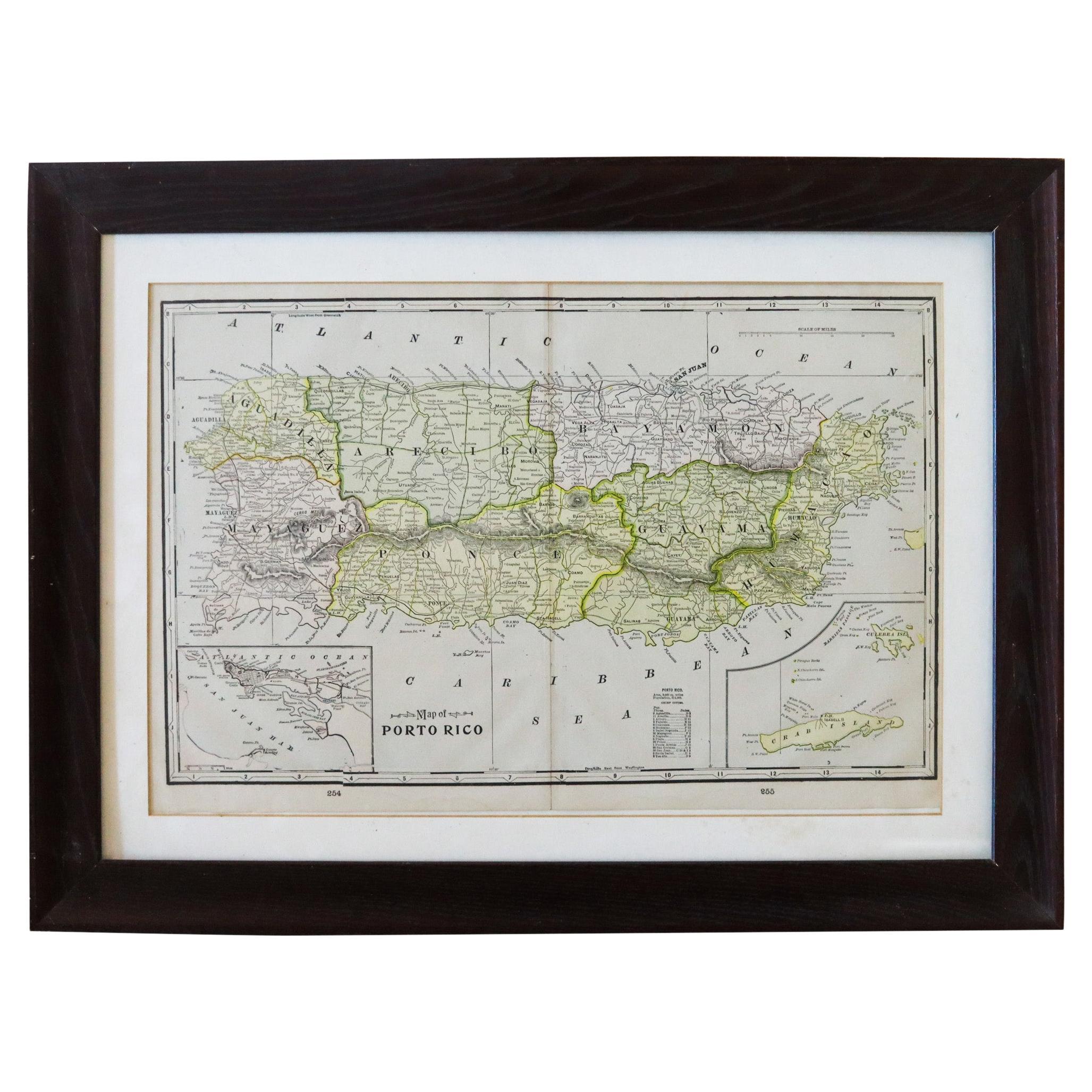 Puerto Rico 1910 Original Antique Map Of The Island In A Period Wood Frame For Sale