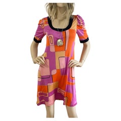 Puff Sleeve Silk Jersey Shift in Orange Pink Print - Flora Kung NWT