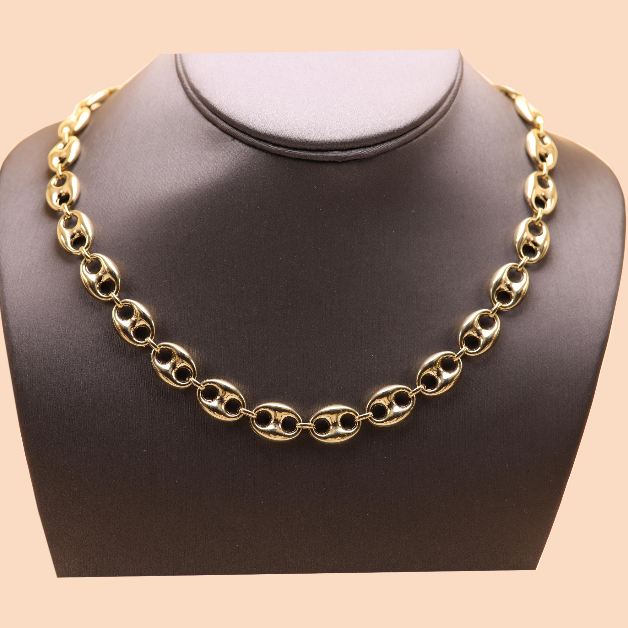 Puffed Anchor Italian Gold Necklace Chain Mariner Link Chain Solid 14 Karat Gold In New Condition In Brooklyn, NY