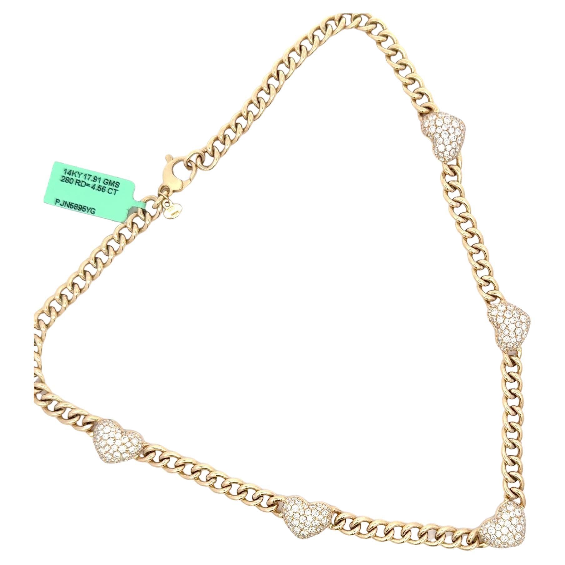 Contemporain Collier à station de diamants à cœur bouffant sur chaîne cubaine 4,56 carats or 14KT en vente