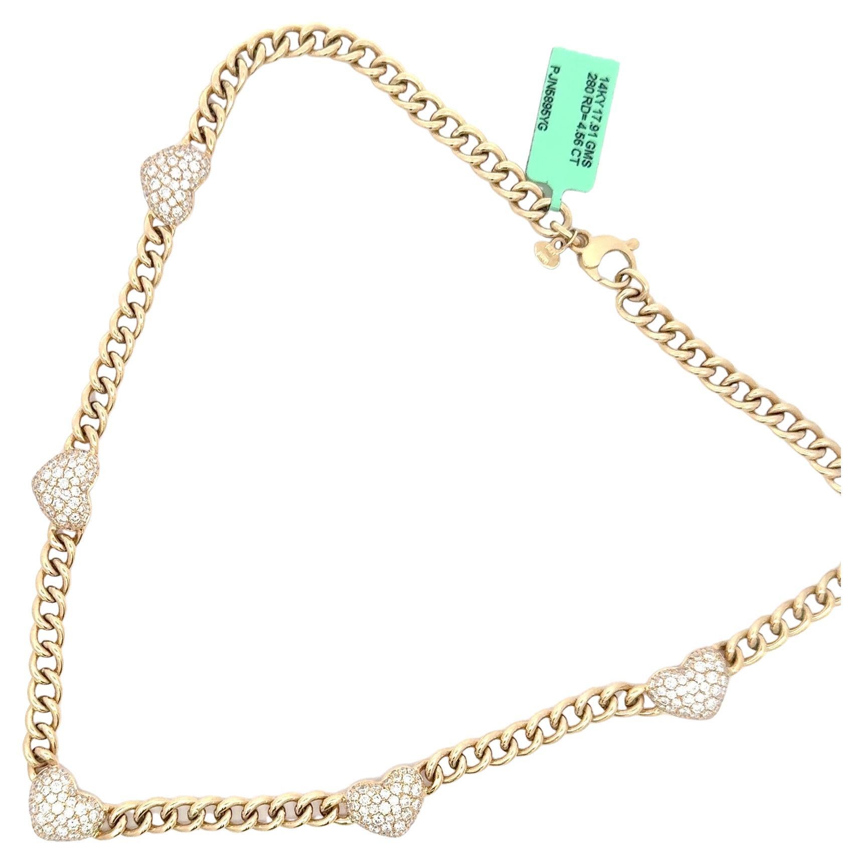 Taille ronde Collier à station de diamants à cœur bouffant sur chaîne cubaine 4,56 carats or 14KT en vente
