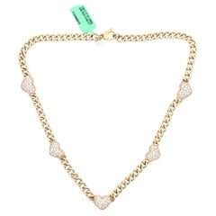 Puffed Heart Diamond Station Necklace on Cuban Chain 4.56 Carats 14KT Gold