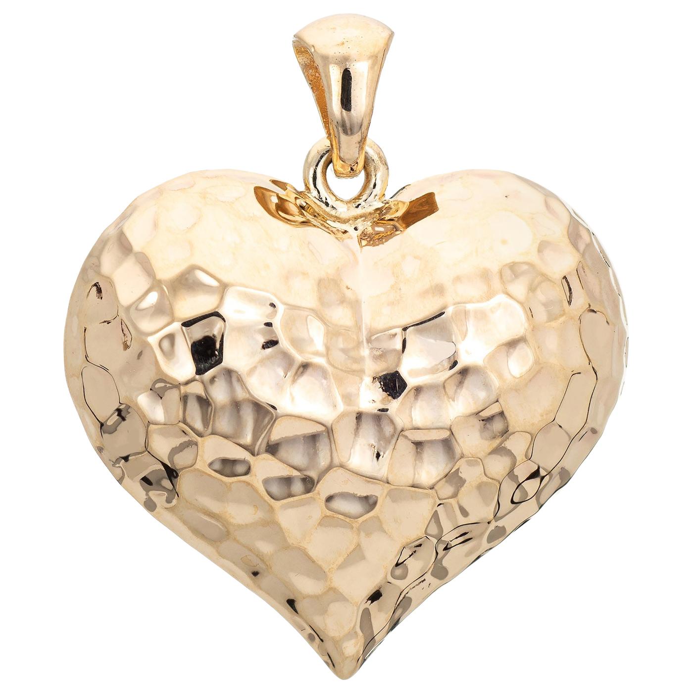 Puffed Heart Pendant Vintage 14 Karat Yellow Gold Hammered Design Hollow Jewelry For Sale