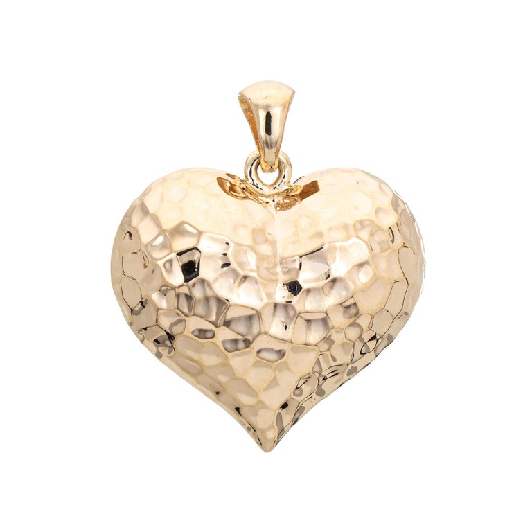 Puffed Heart Pendant Vintage 14 Karat Yellow Gold Hammered Design Hollow Jewelry For Sale At 1stdibs