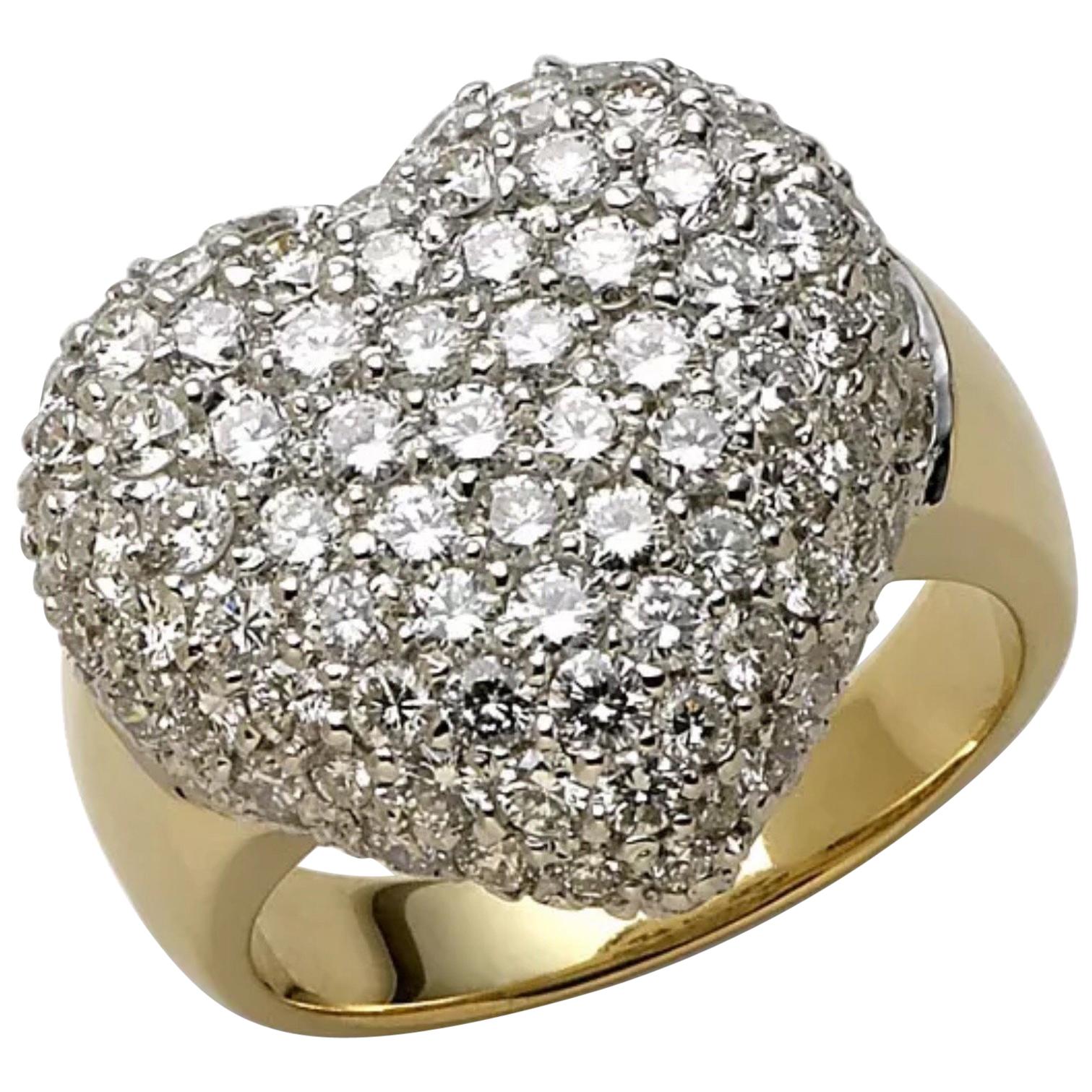 Puffed Paved Herzring, Diamant 3,17 Karat, G-H, VS-SI, 18 Karat YG und WG