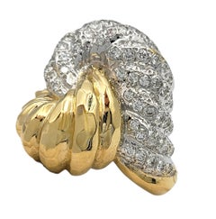 Puffed Ridged Swirl Motif Cocktail Ring with Pavé Diamonds 14 Karat Gold