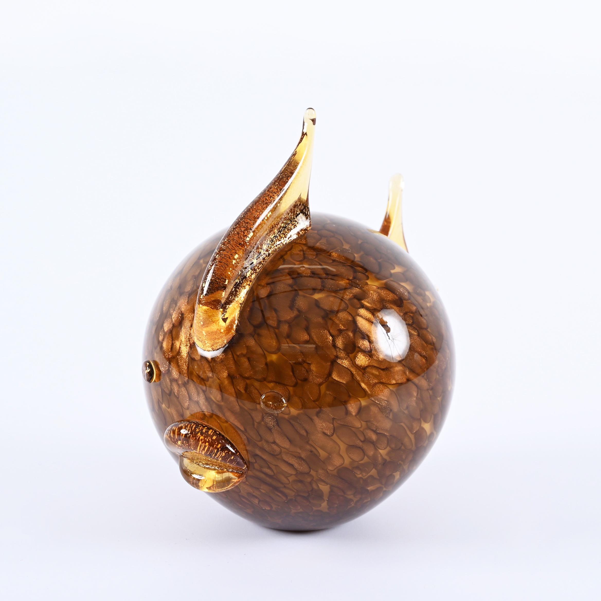 20th Century Puffer Fish Sculpture in Murano Glass with Golden Fishscales, Italy, 1980s